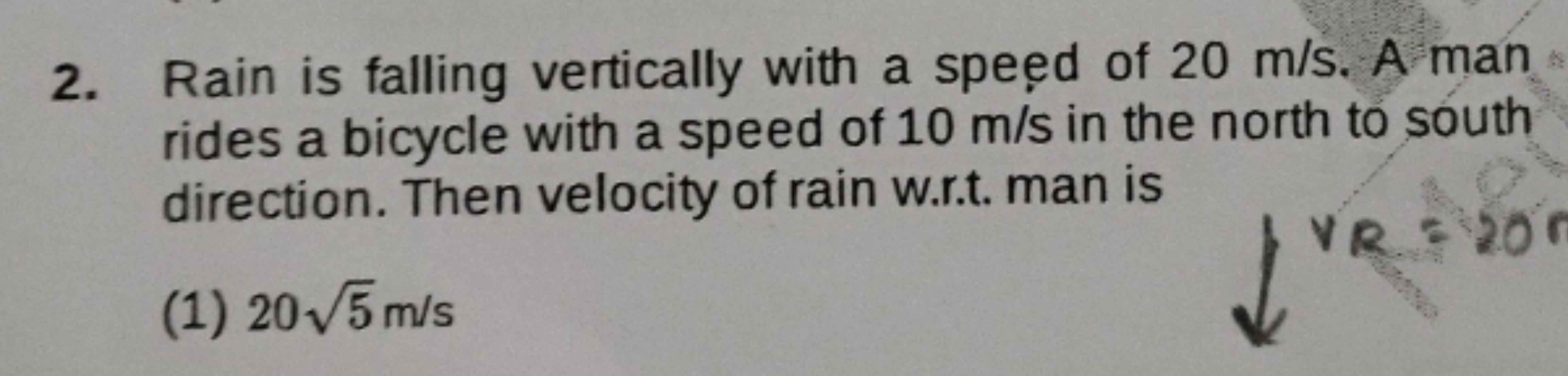 2. Rain is falling vertically with a speed of 20 m/s. A man rides a bi