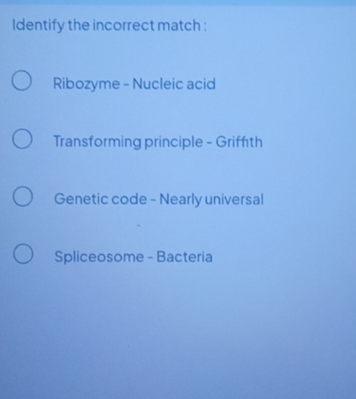 Identify the incorrect match :
Ribozyme - Nucleic acid
Transforming pr