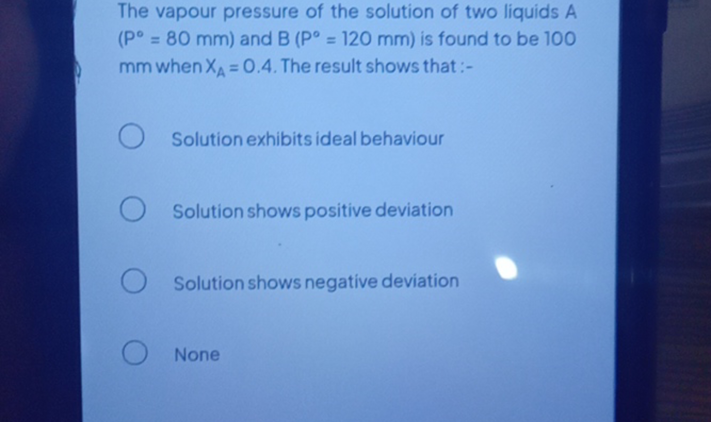 The vapour pressure of the solution of two liquids A ( P∘=80 mm ) and 