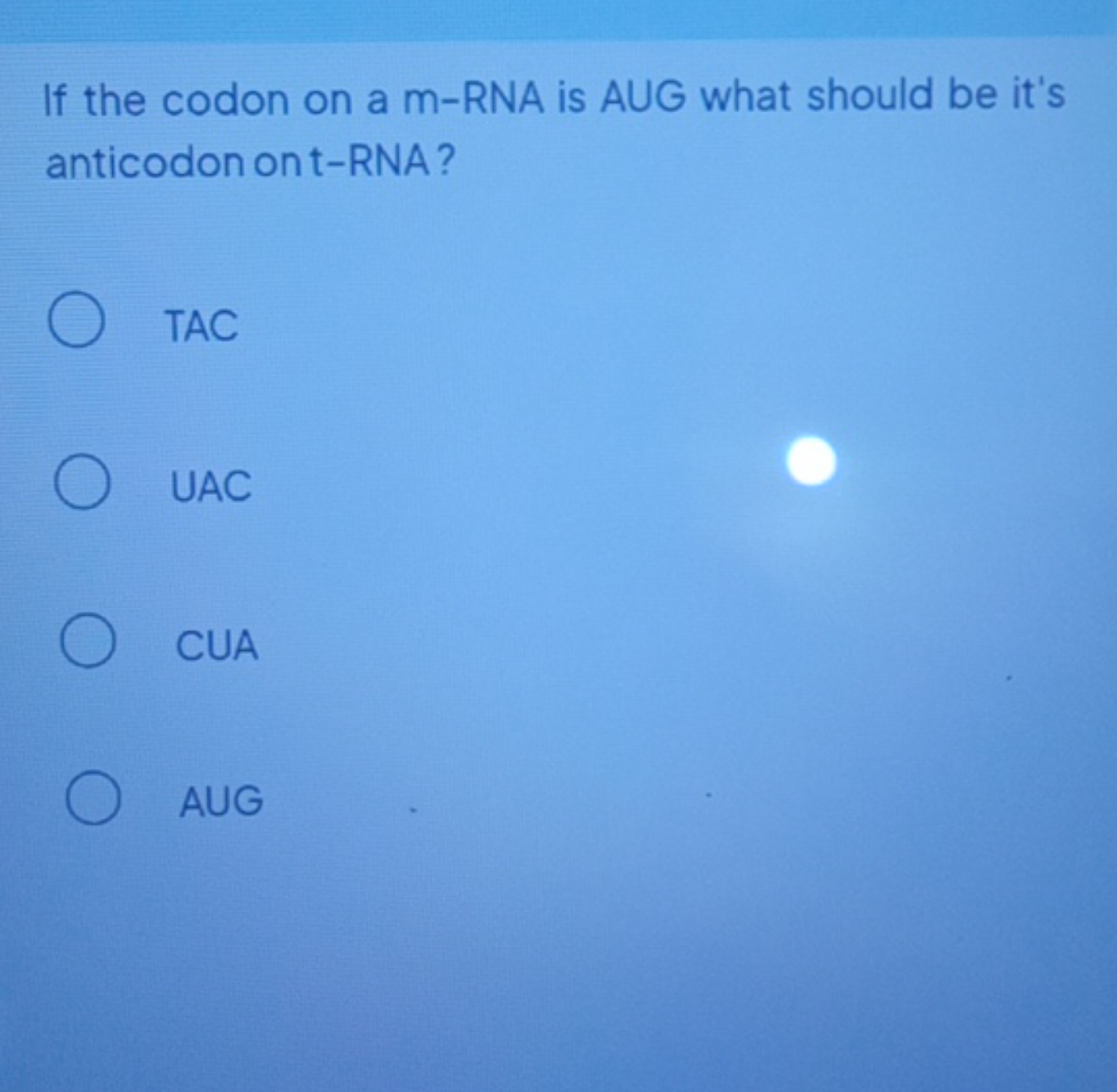 If the codon on a m-RNA is AUG what should be it's anticodon ont-RNA?
