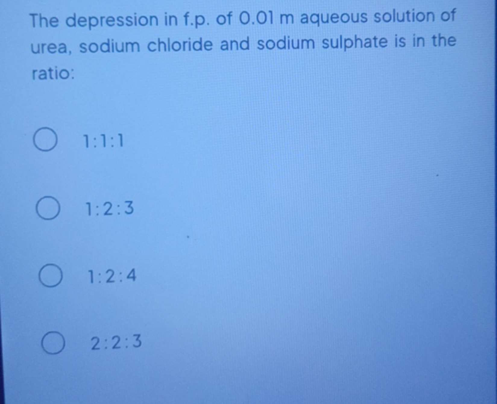 The depression in f.p. of 0.01 m aqueous solution of urea, sodium chlo