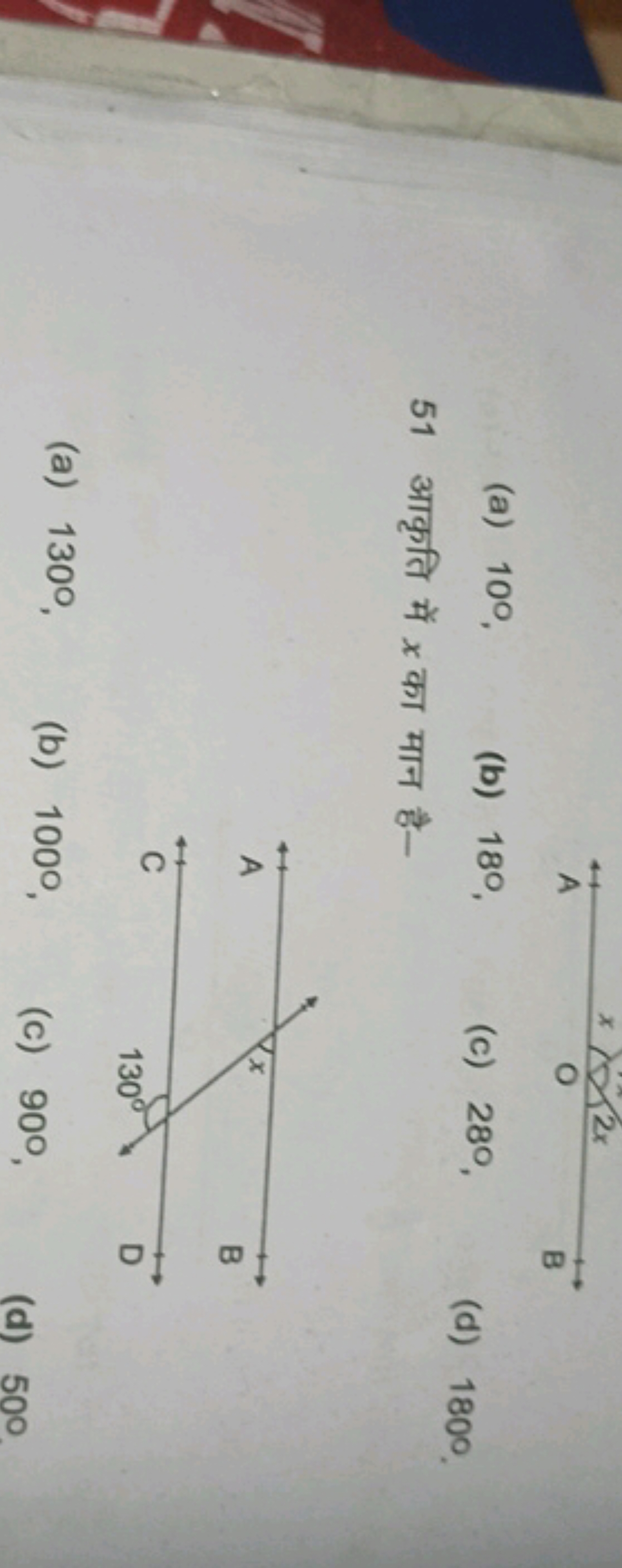 (a) 100,
(b) 180,
(c) 280 ,
(d) 1800
51 आकृति में x का मान है-
(a) 130