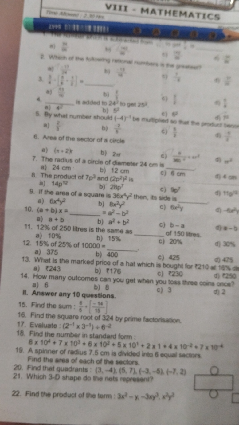 VIII - MATHEMATICS
a) 68π​
a) 8117​
4x3i3+83​=
b) 8558​ 
a) 1043​
b) 3