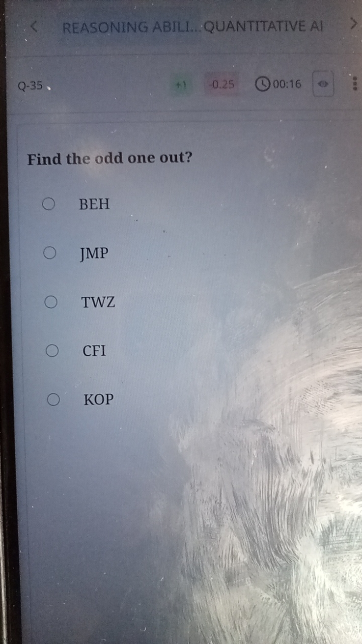 REASONING ABILI...QUANTITATIVE AI
Q-35
+1
0.25
00:16

Find the odd one