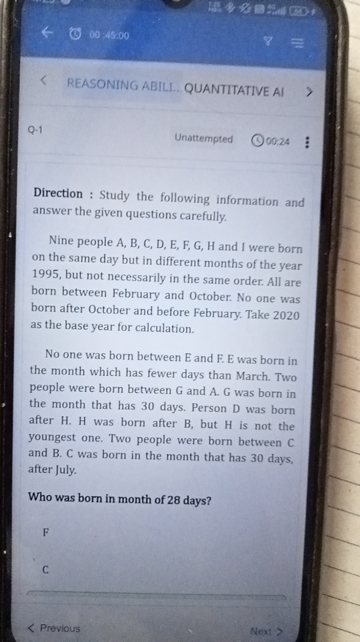 00.45 .00
REASONING ABILI.. QUANTITATIVE AI
Q-1
Unattempted
00:24

Dir