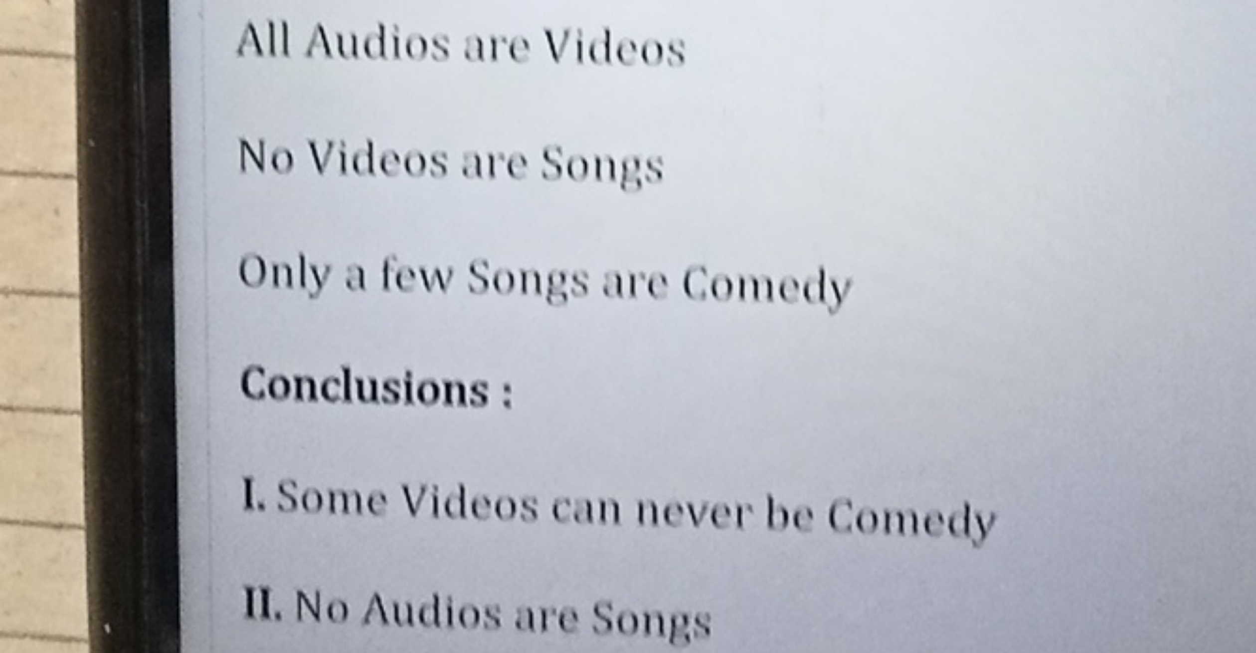 All Audios are Videos
No Videos are Songs
Only a few Songs are Comedy
