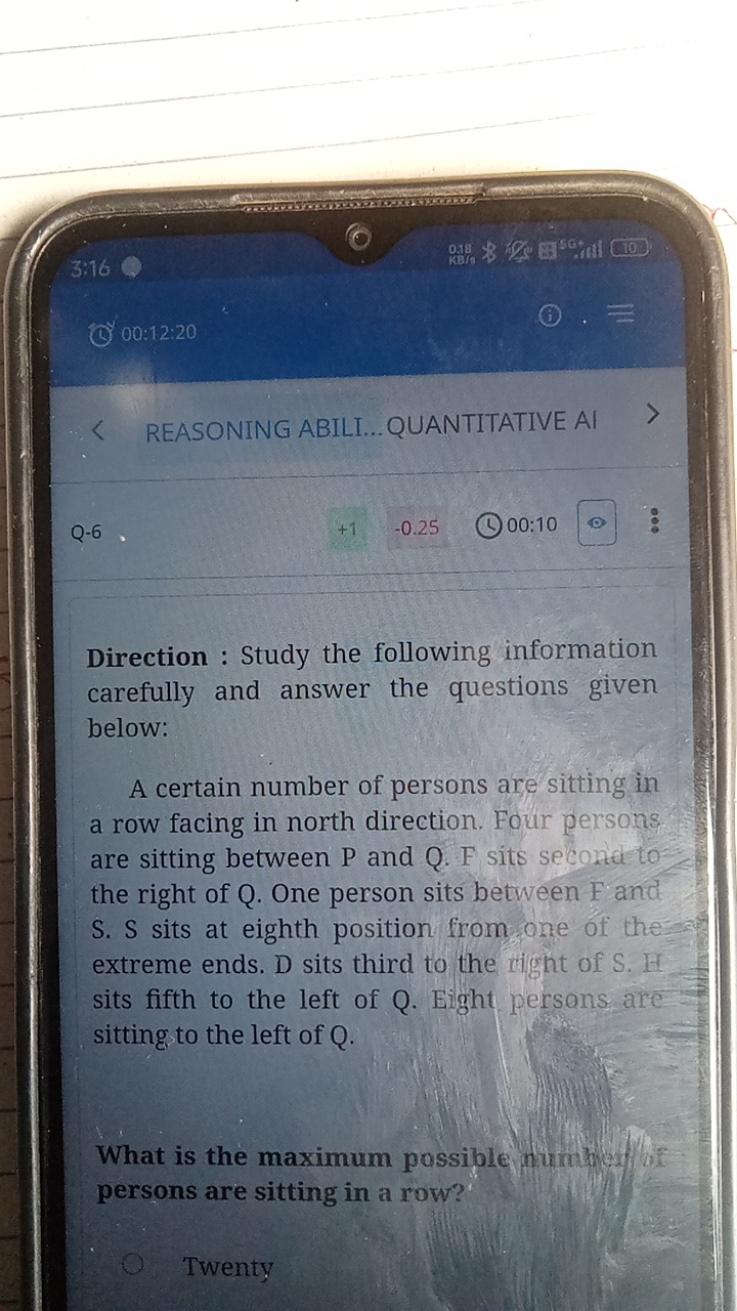 
(c) 00:12:20

REASONING ABILI...QUANTITATIVE AI

Q-6
+1
0.25
00:10 □
