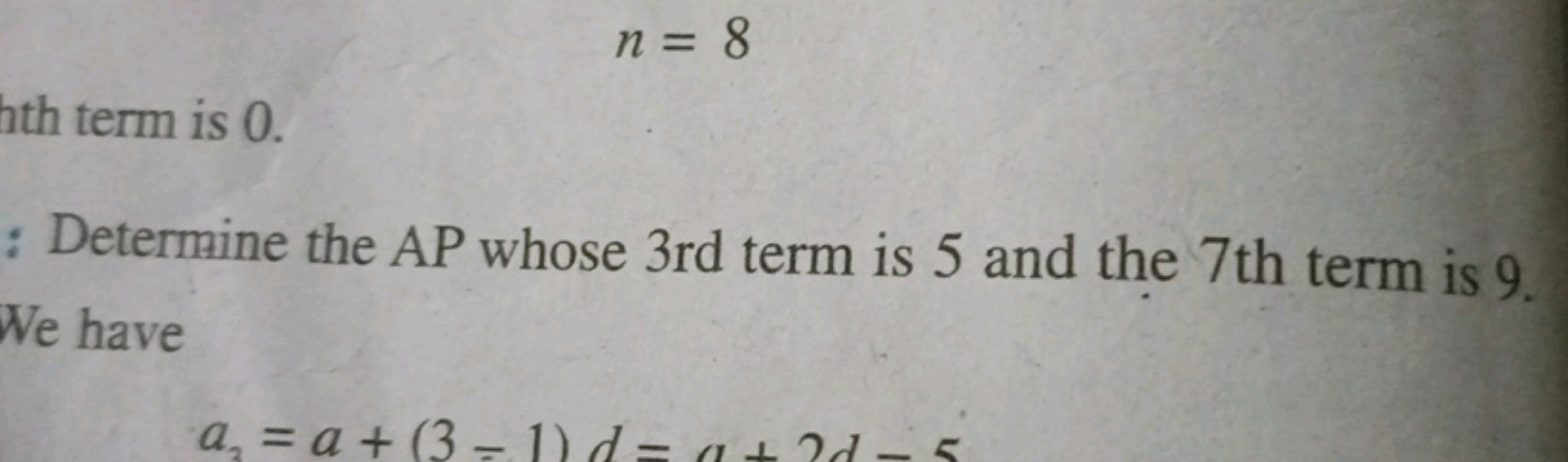 n = 8
hth term is 0.
: Determine the AP whose 3rd term is 5 and the 7t