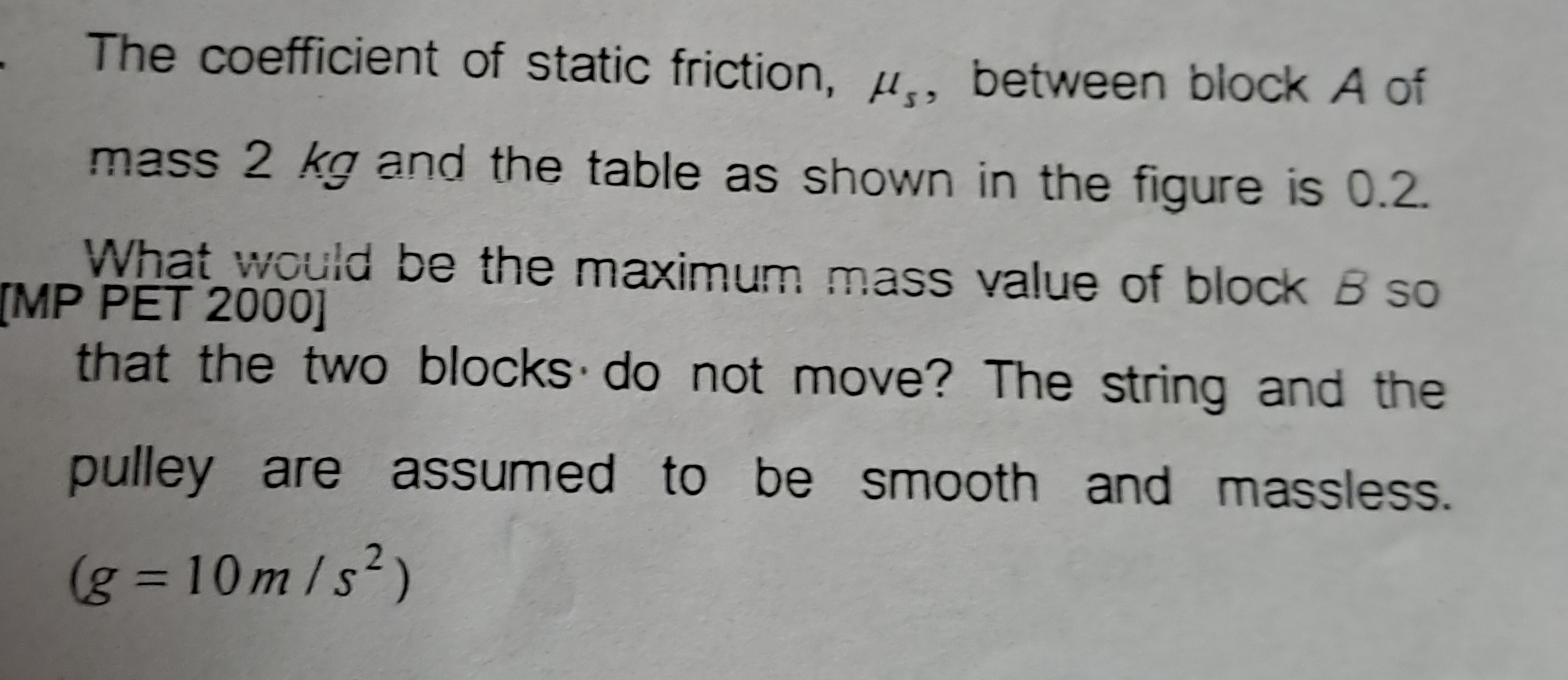 The coefficient of static friction, μs​, between block A of mass 2 kg 