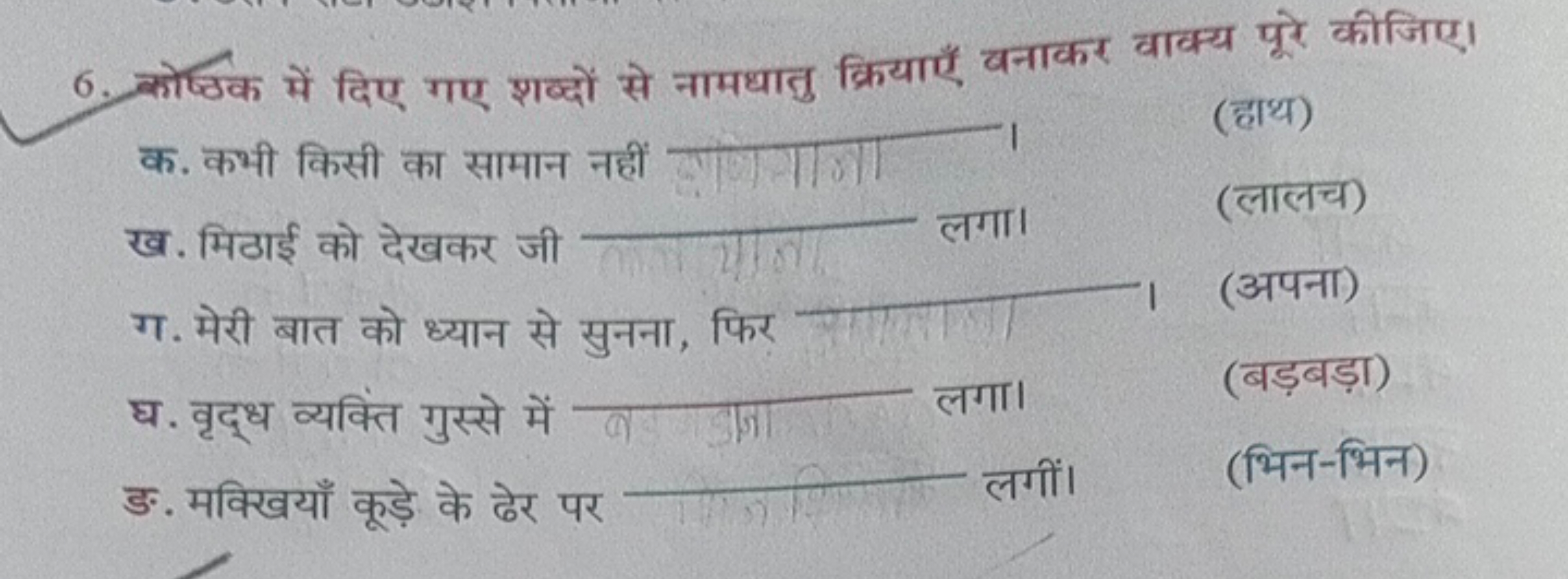 6. कोष्ठक में दिए गए शब्दों से नामधातु क्रियाएँ बनाकर वाक्य पूरे कीजिए