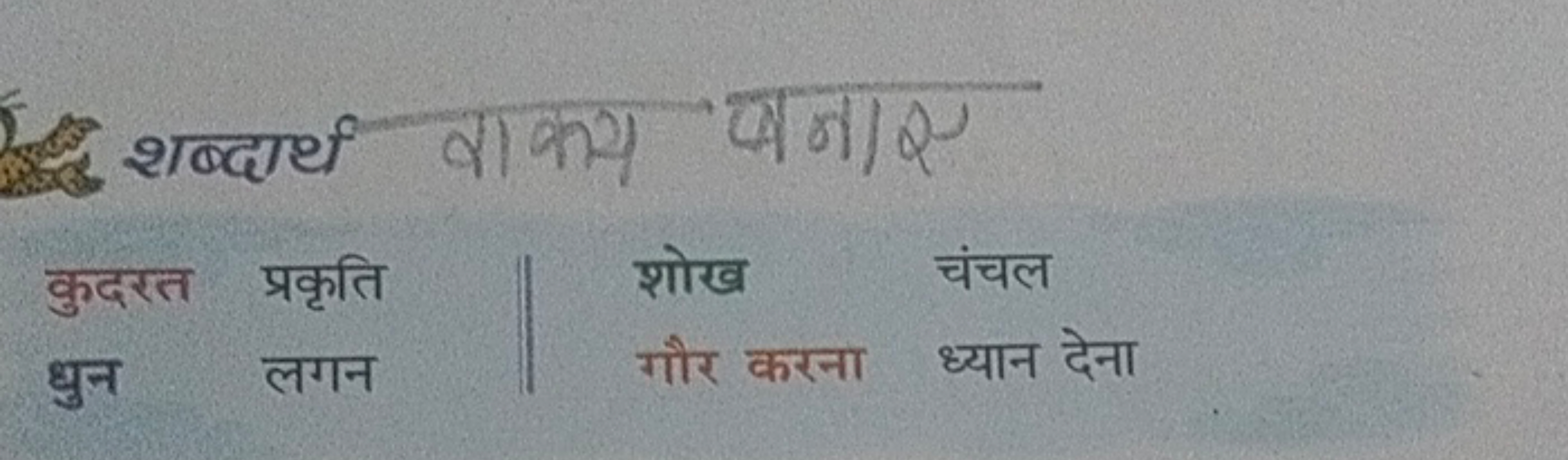 शब्दार्थ
वाकय
पनाए
कुदरत प्रकृति धुन

लगन
1
शोख
चंचल
गौर करना
ध्यान दे