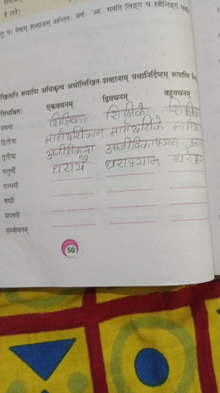 तु च। थेषाम् शब्दानाम्तन्तिः वर्णः 'आ' भवति लिडों च स्त्रीलिड़ग भल

खि