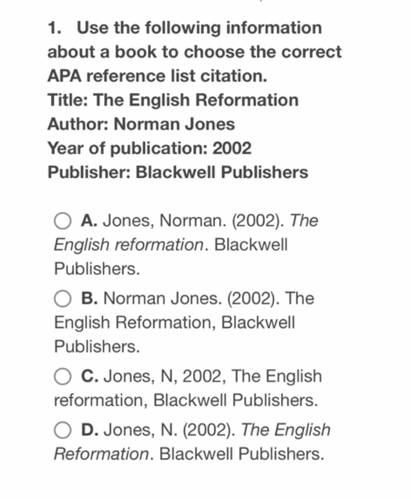 1. Use the following information about a book to choose the correct AP