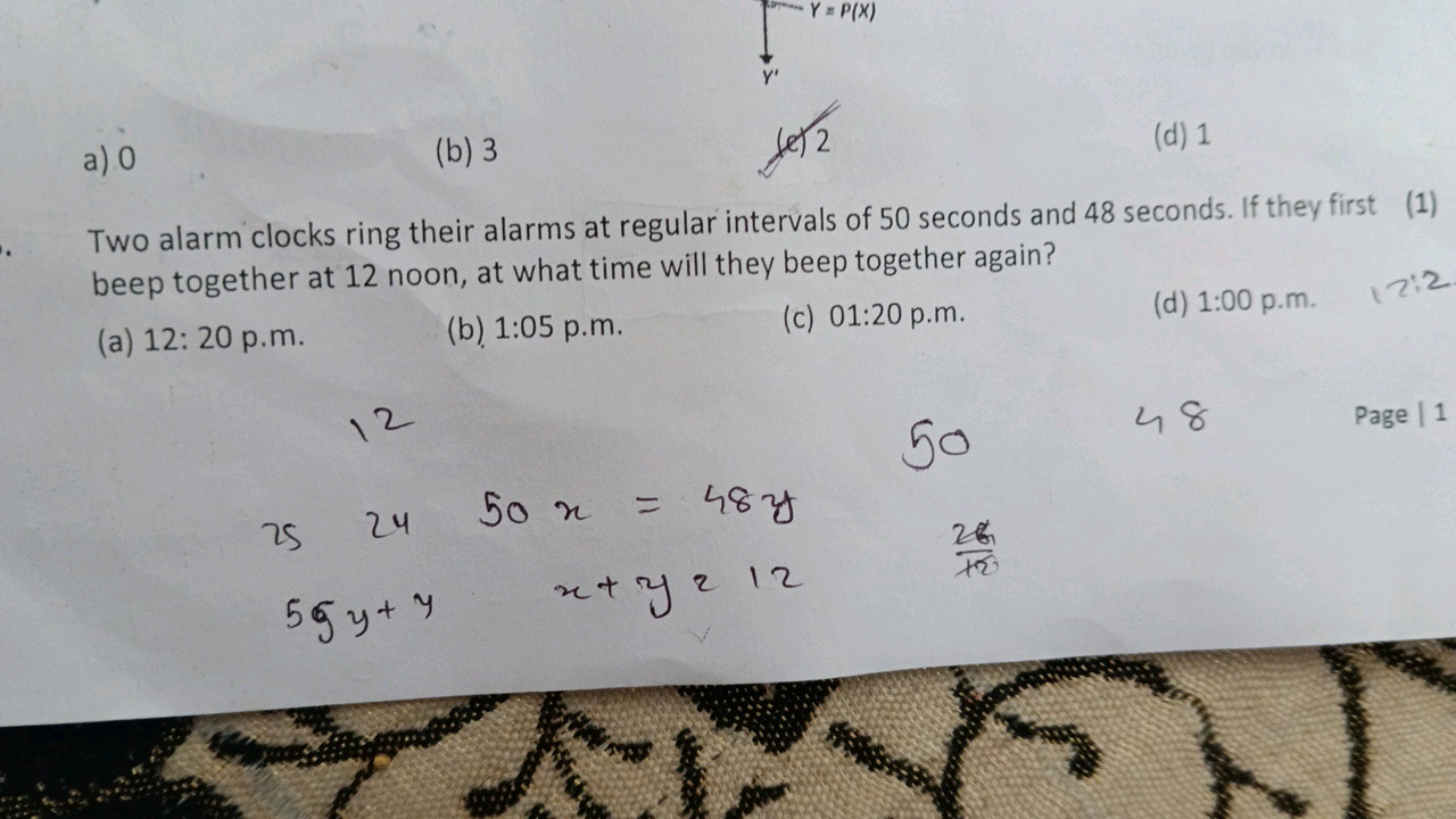 a) 0
(b) 3
(e) 2
(d) 1

Two alarm clocks ring their alarms at regular 