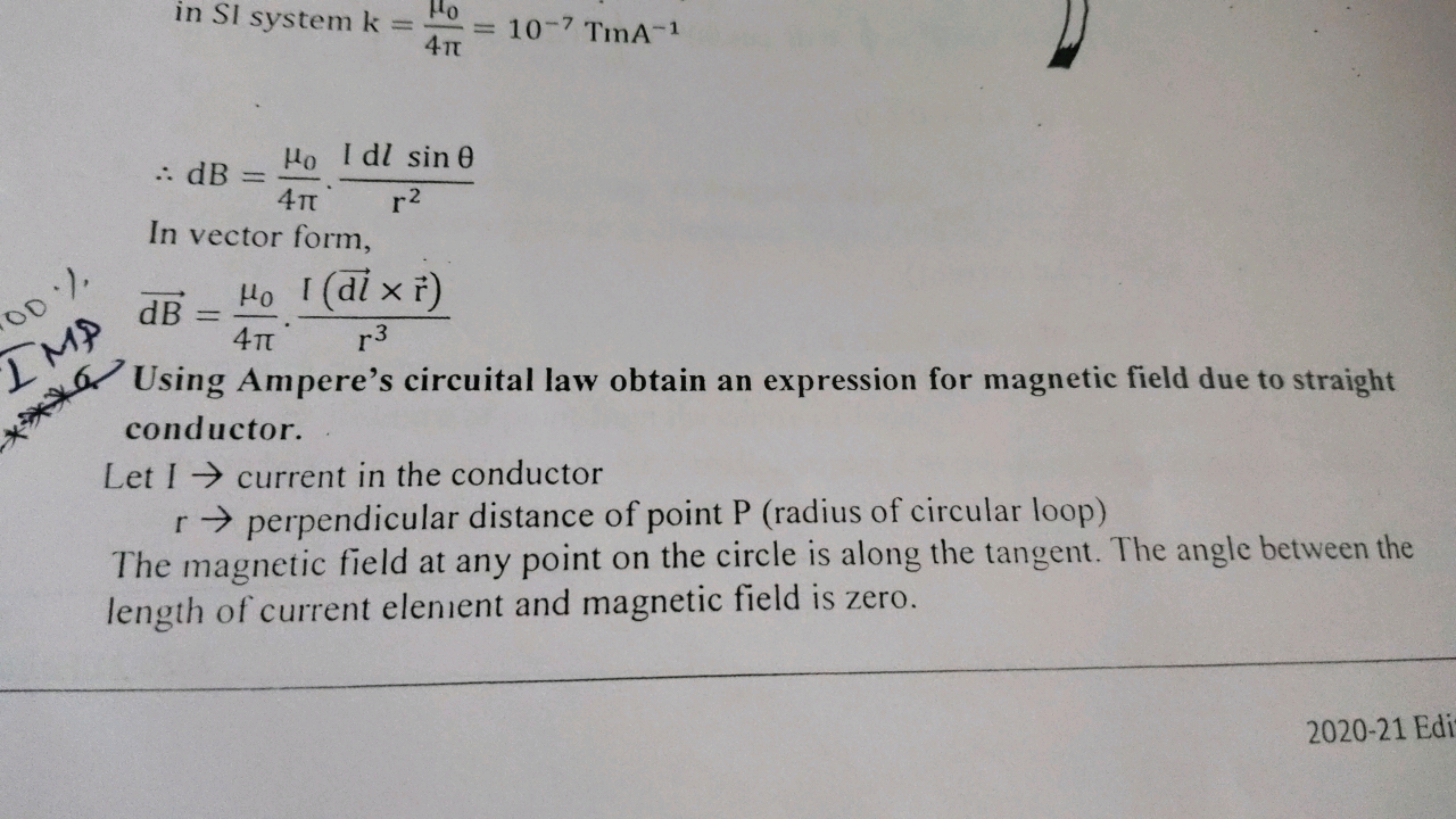 in Sl system k =
Ho
= 10-7 TmA-1
4πt
00%
: dB =
Ho I dl sin e
4π r²
In