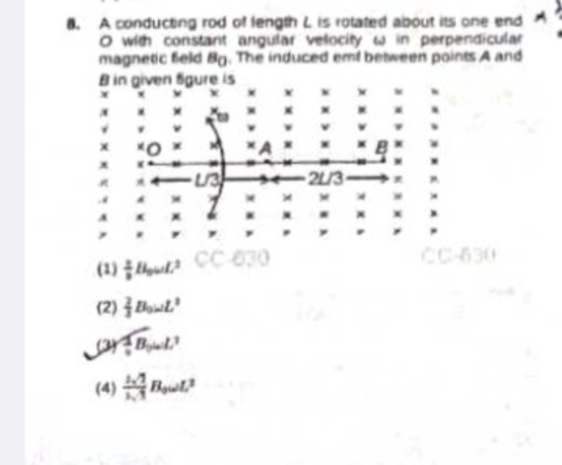 a. A conducting rod of length L is rotated about its one end O with co