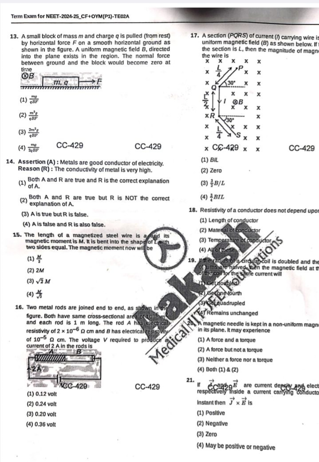 Term Exam for NEET-2024-25_CF+OYM(P1)-TE02A
13. A small block of mass 