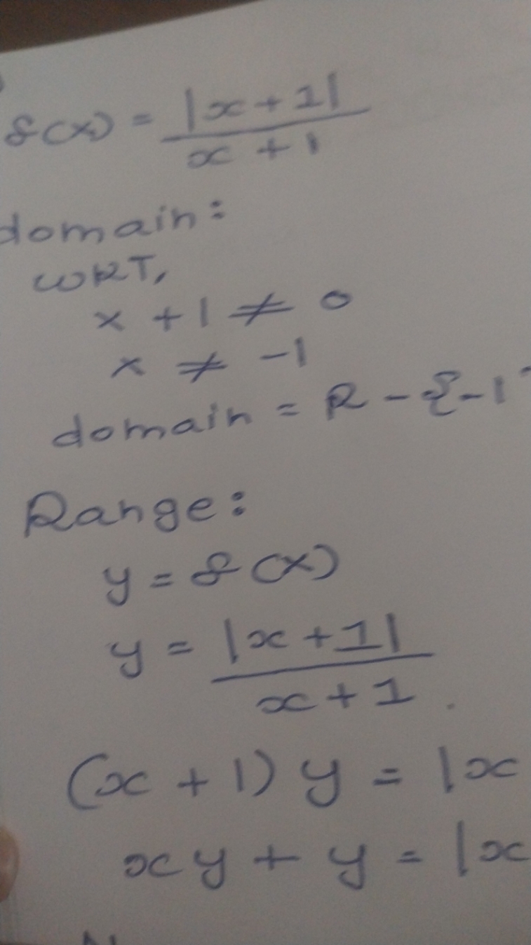 f(x)=x+1∣x+1∣​
domain:
oRT,
x+1=0x=−1​
x=−1 domain =R−ε−1​

Range:
