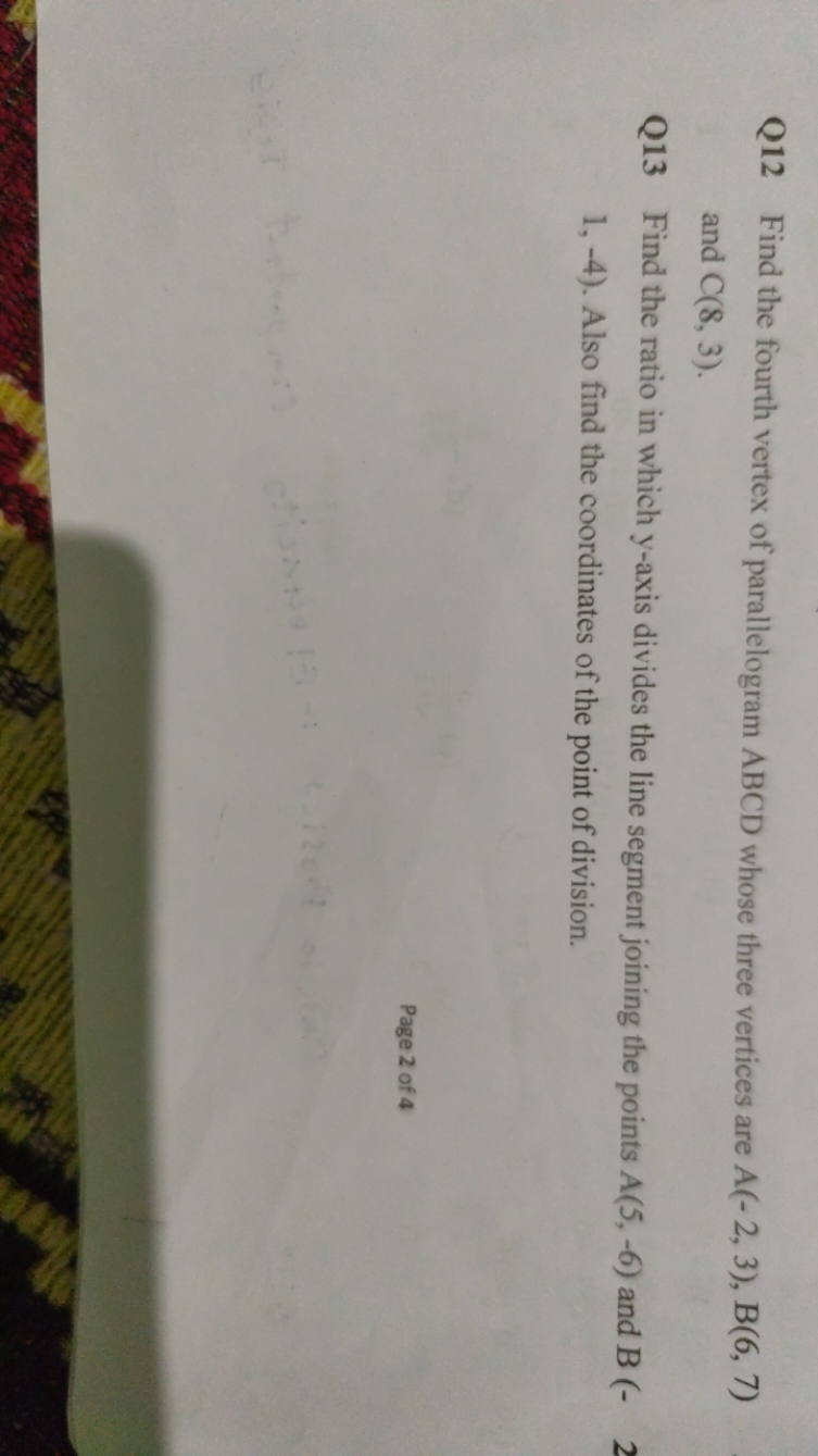 Q12 Find the fourth vertex of parallelogram ABCD whose three vertices 