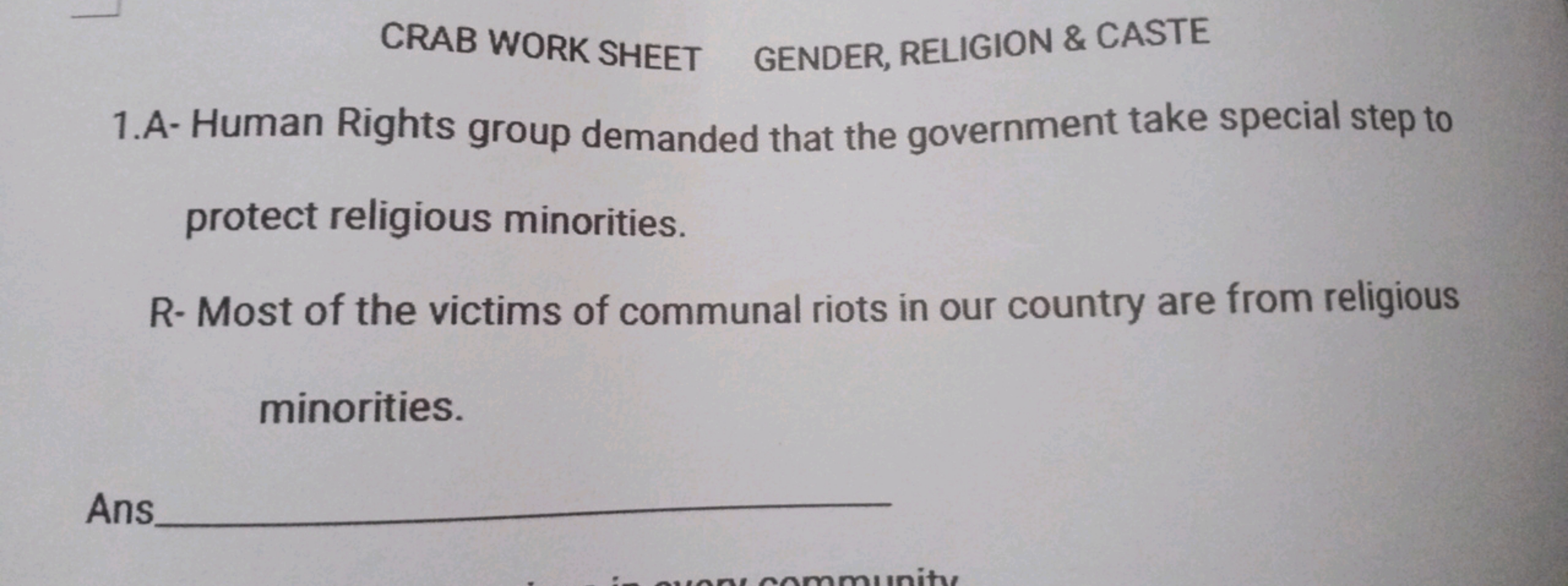 CRAB WORK SHEET GENDER, RELIGION \& CASTE
1.A- Human Rights group dema