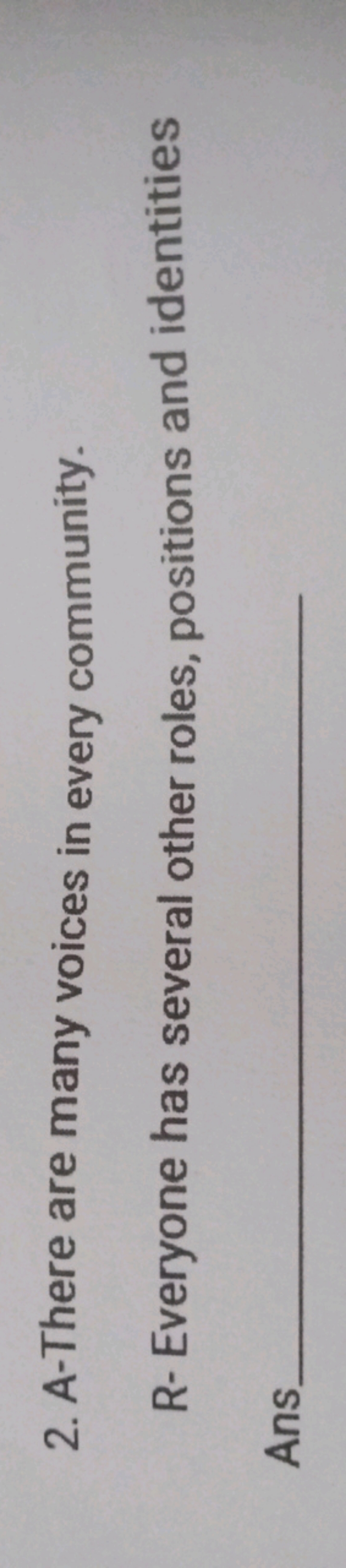 2. A-There are many voices in every community.

R- Everyone has severa