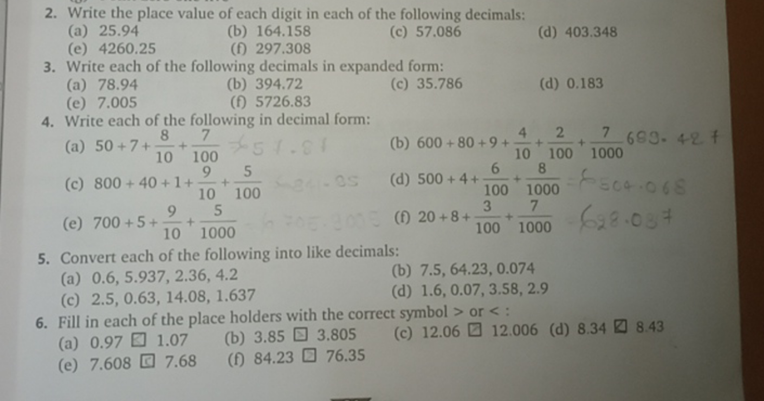 2. Write the place value of each digit in each of the following decima