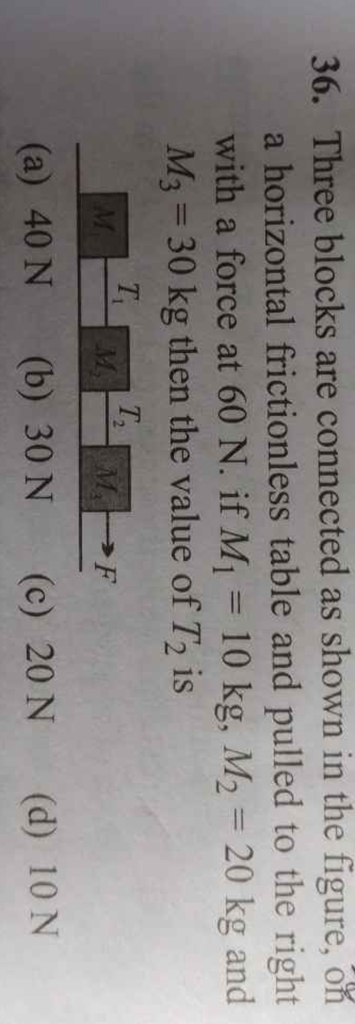 36. Three blocks are connected as shown in the figure, on a horizontal