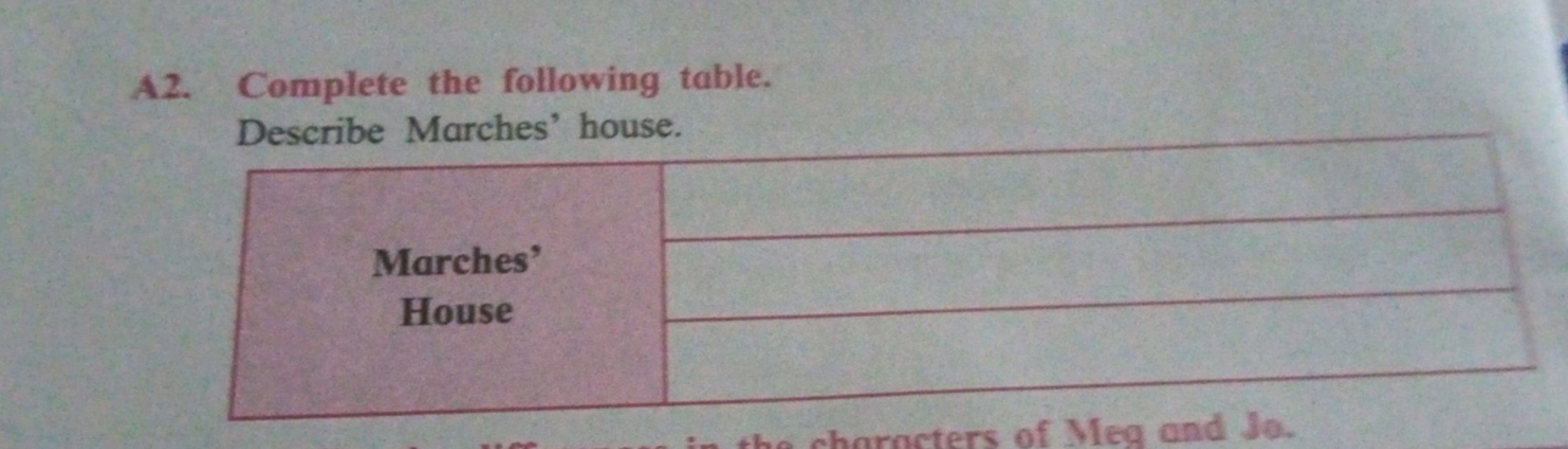 A2. Complete the following table.
Describe Marches' house.
\multirow{2