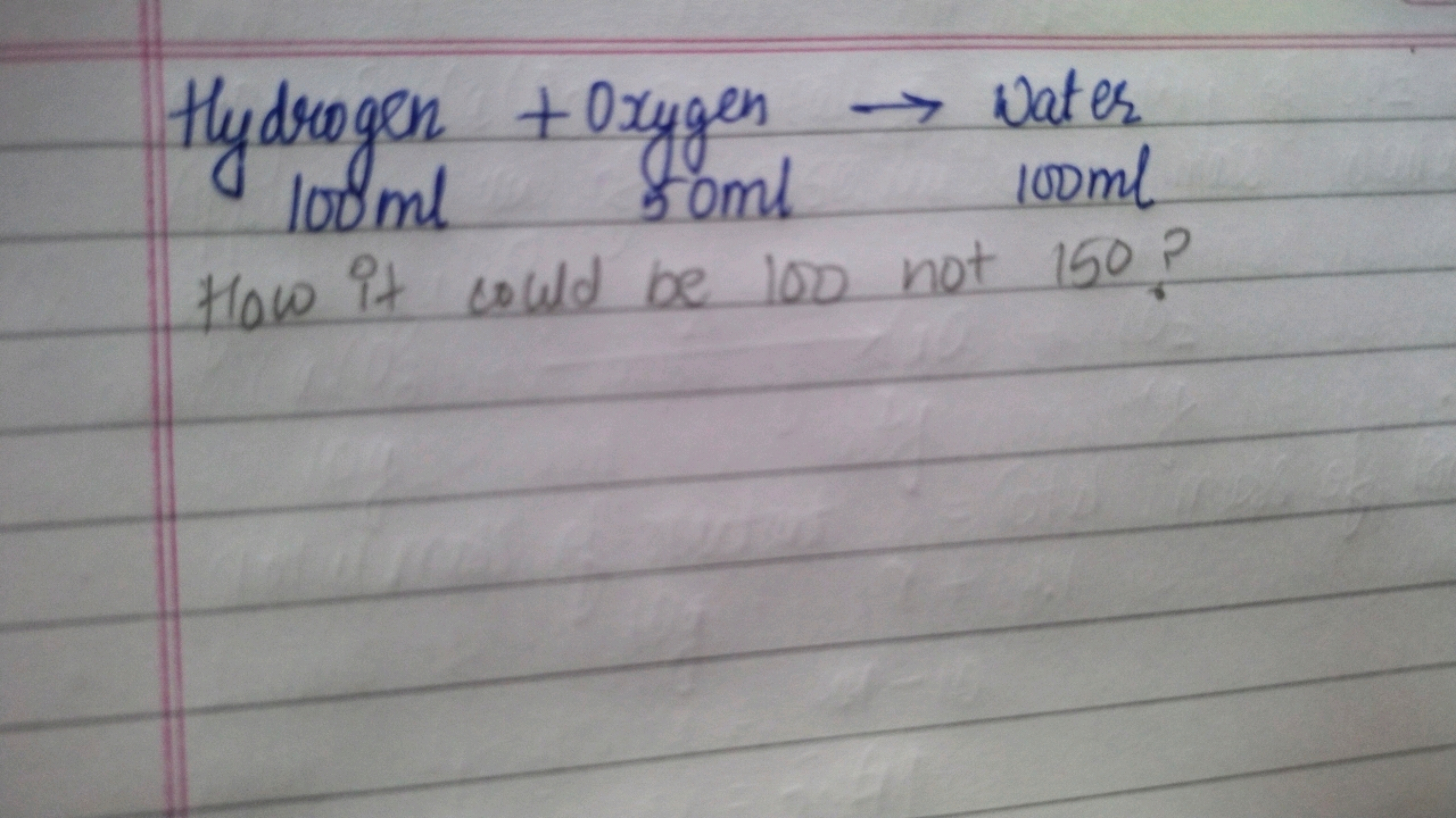 Hydrogen + Oxygen → water
100 ml
sol How it could be loo not 150?