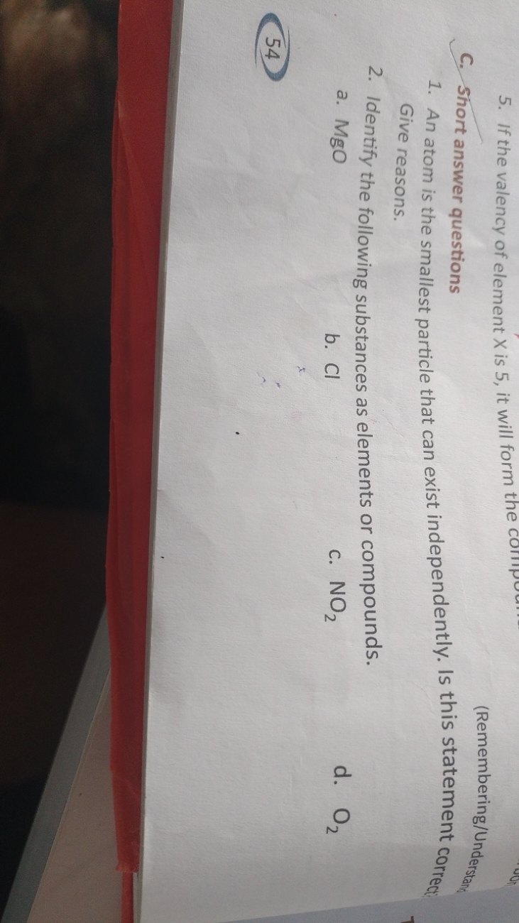 5. If the valency of element X is 5 , it will form the
C. Short answer