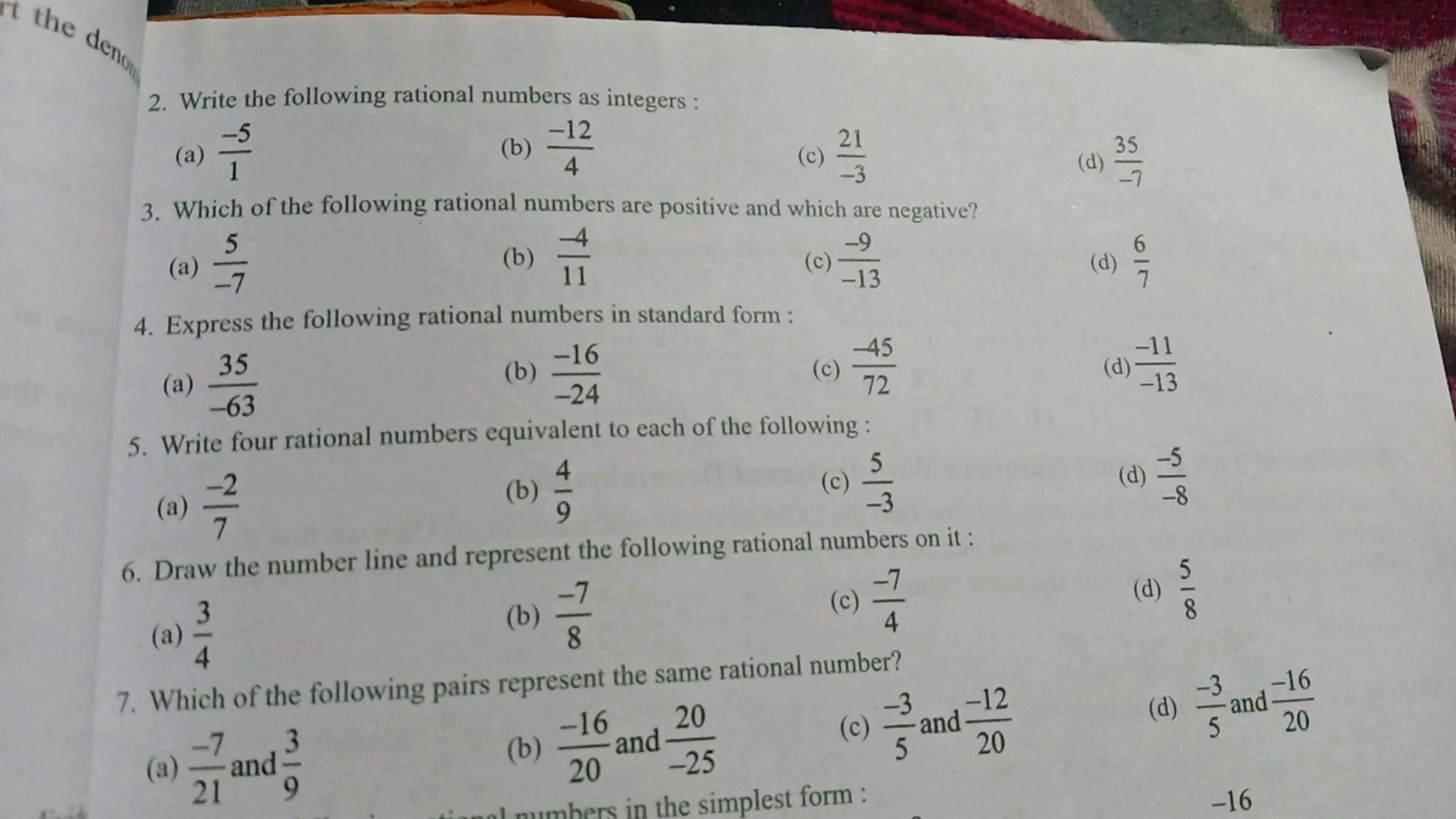 2. Write the following rational numbers as integers :
(a) 1−5​
(b) 4−1