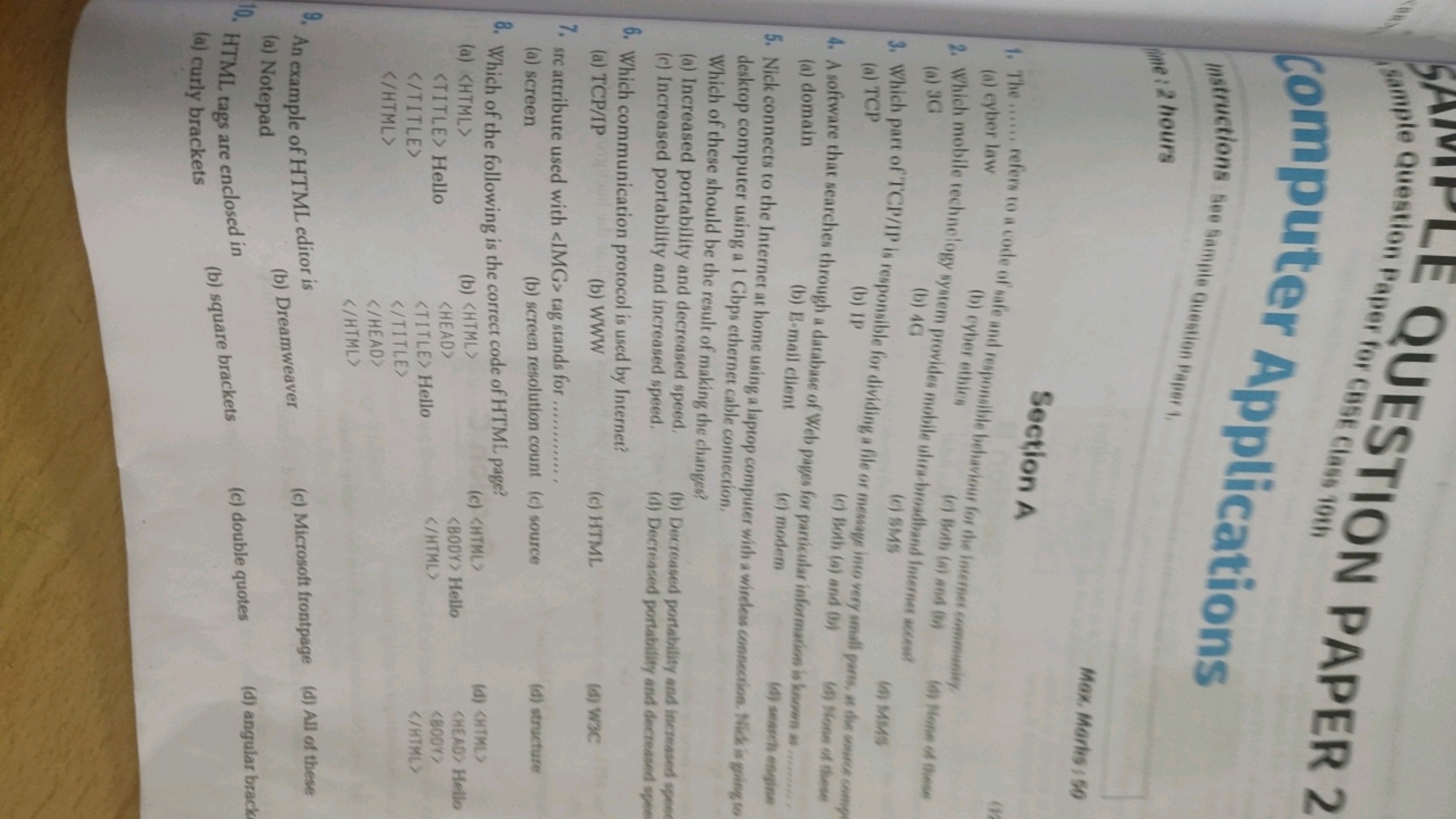 Sample Question Paper for CBSE Class 10th
Computer Applications
QUESTI