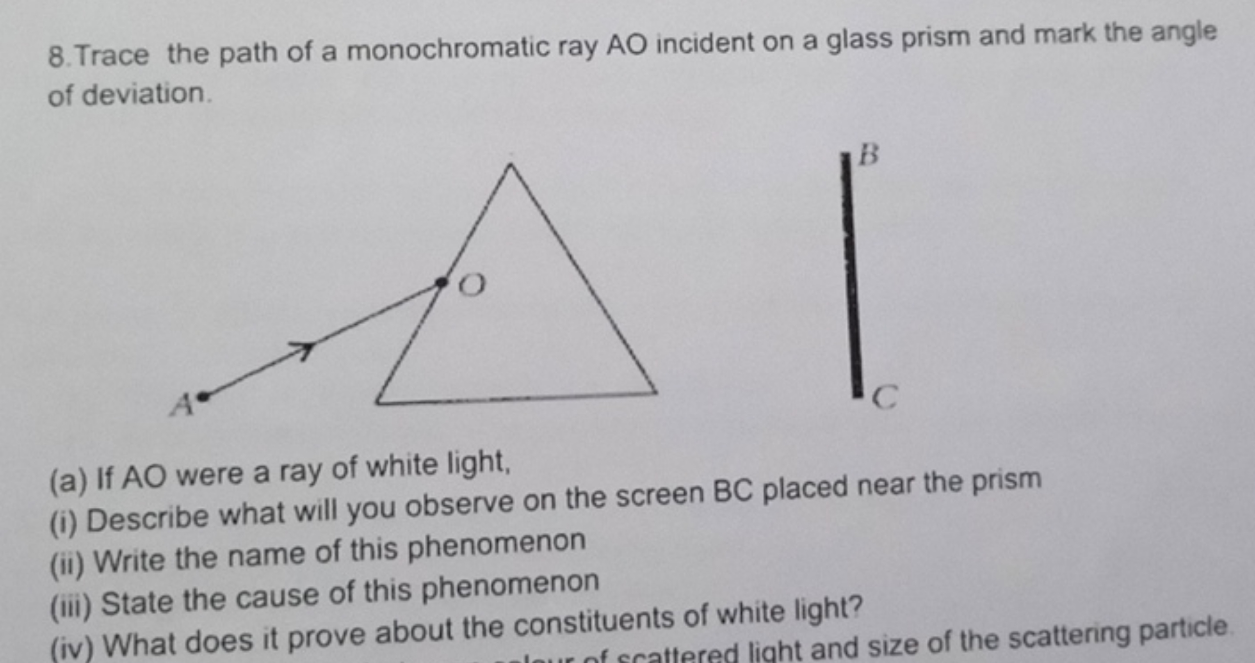 8. Trace the path of a monochromatic ray AO incident on a glass prism 