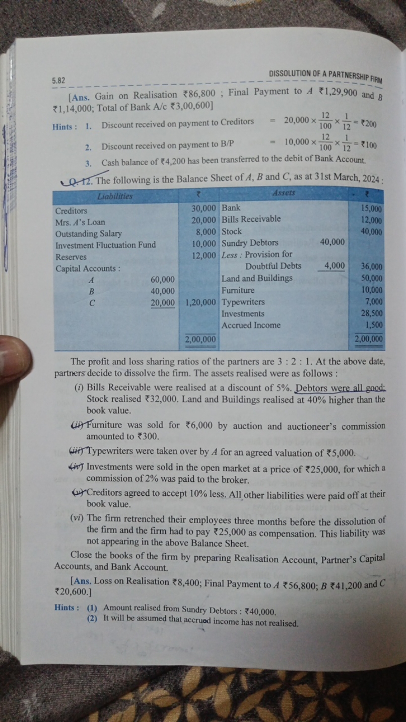 5.82
DISSOLUTION OF A PARTNERSHIP FIRM
[Ans. Gain on Realisation ₹86,8