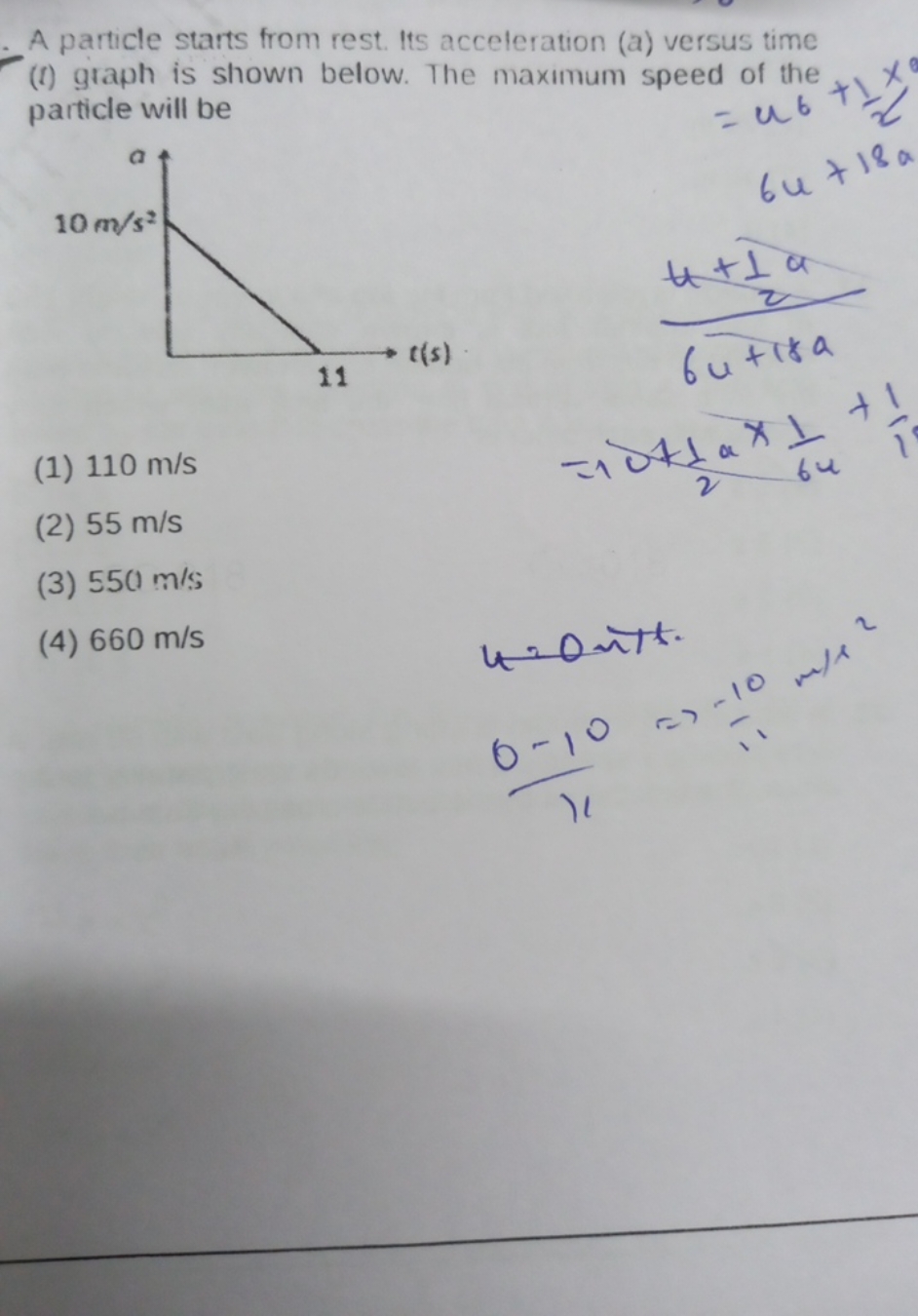 A particle starts from rest. Its acceleration (a) versus time (I) grap