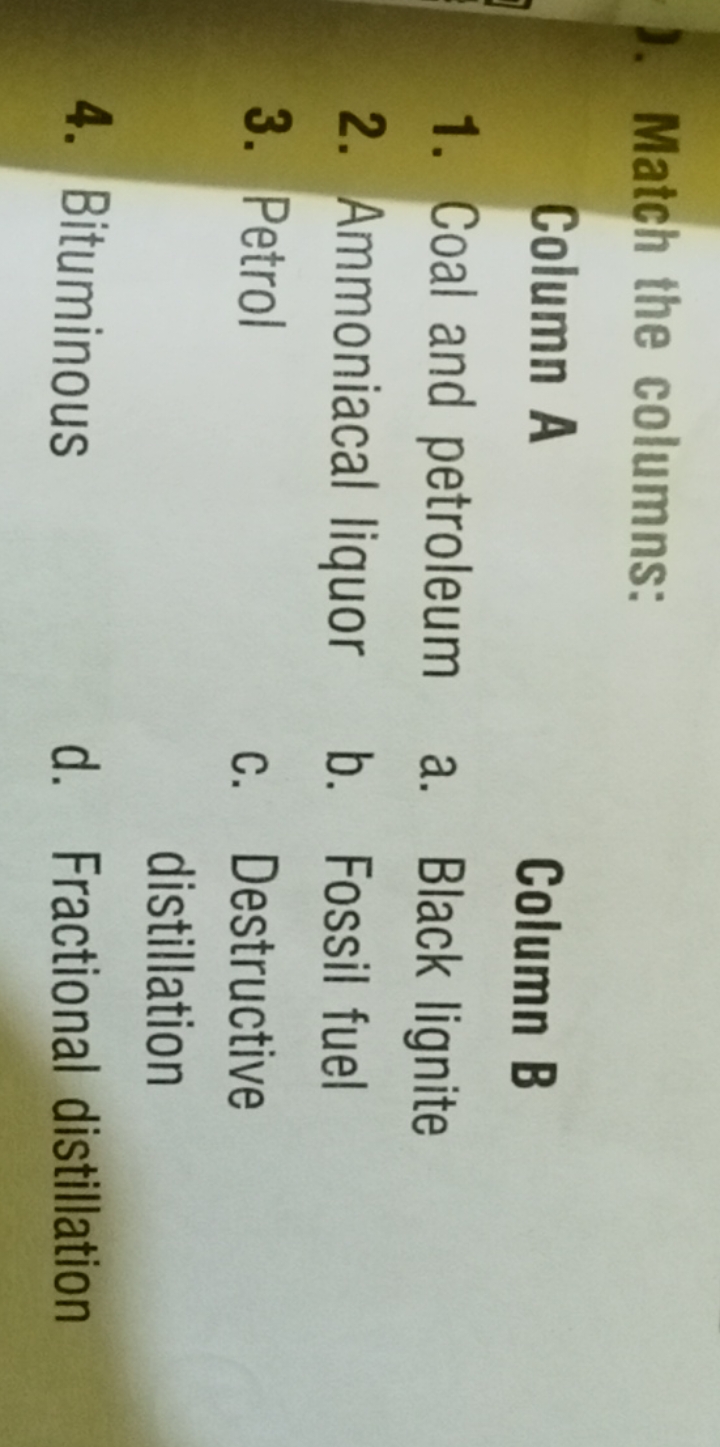 1. Match the columns:

Column A
Column B
1. Coal and petroleum
a. Blac