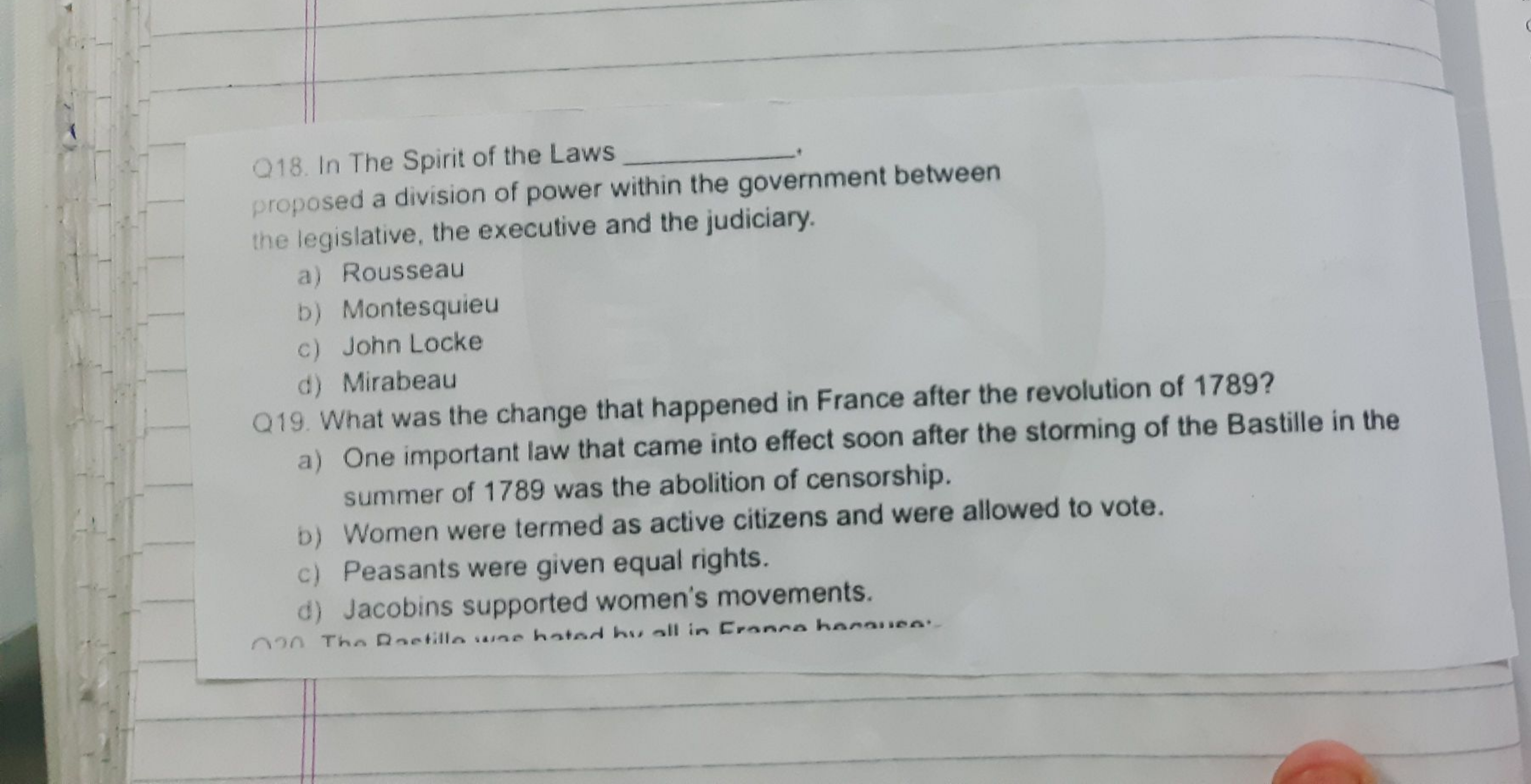 Q18. In The Spirit of the Laws  .
proposed a division of power within 