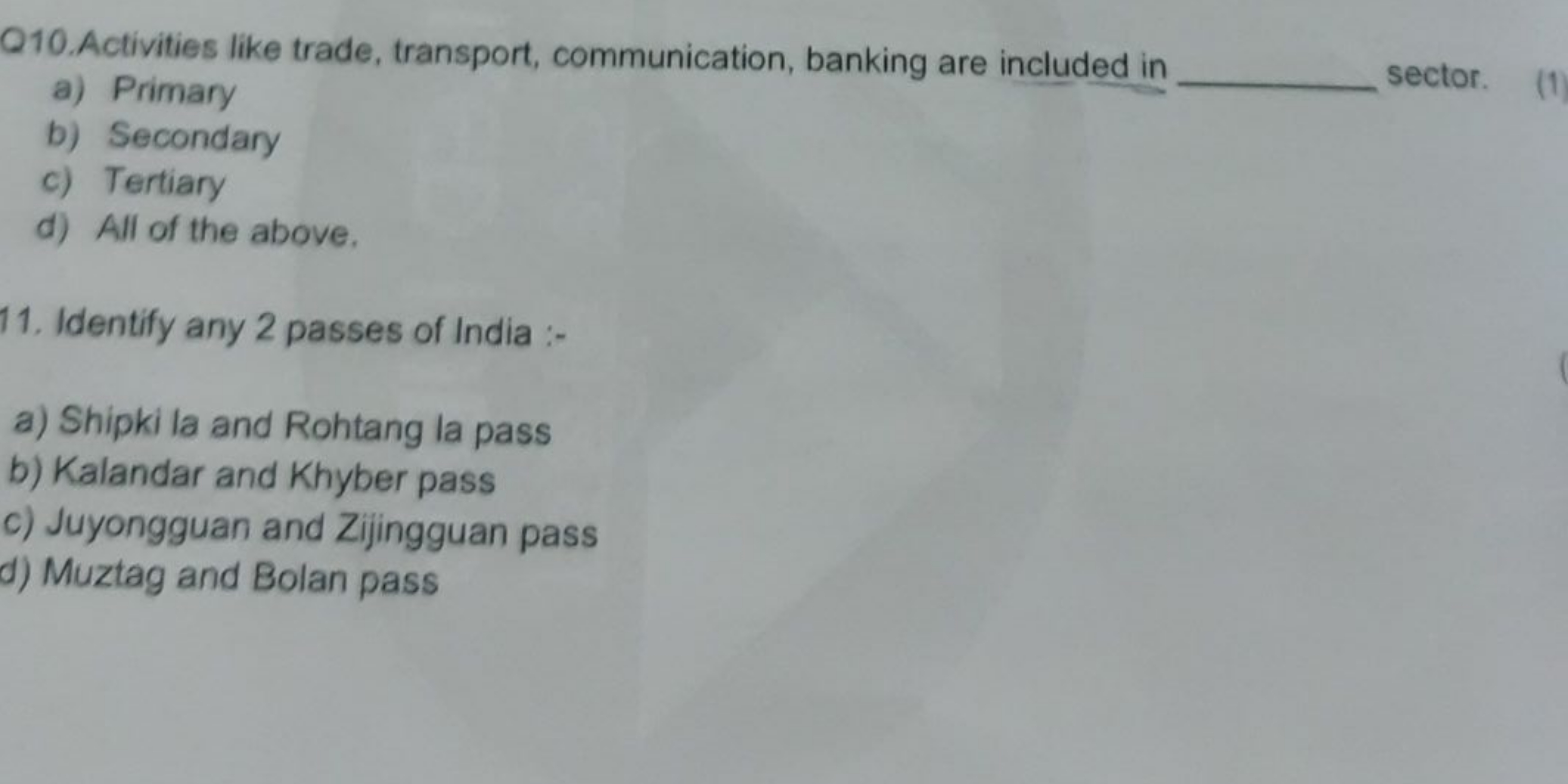 Q10.Activities like trade, transport, communication, banking are inclu