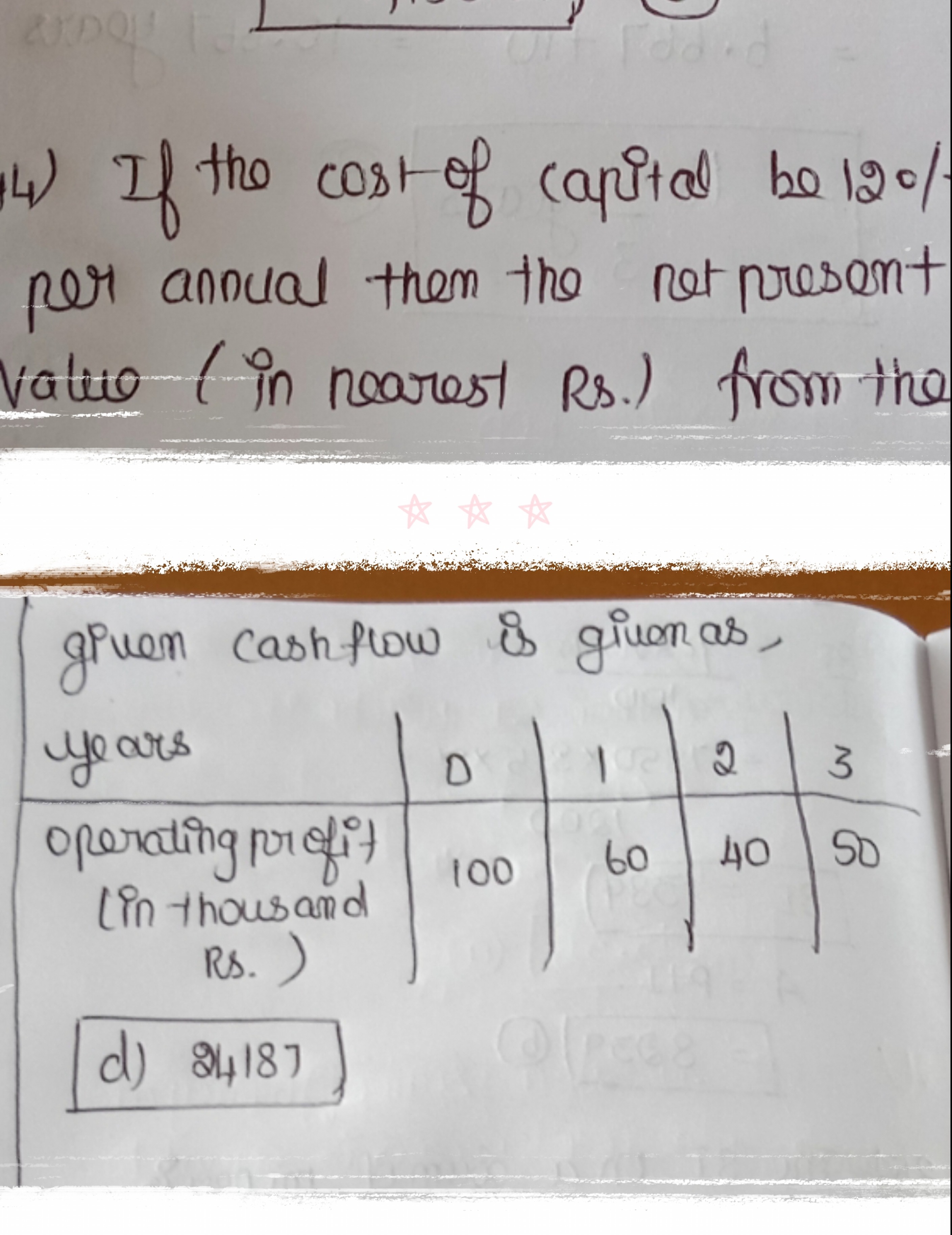 4) If the cost of capital be 12% per annual then the represent value (