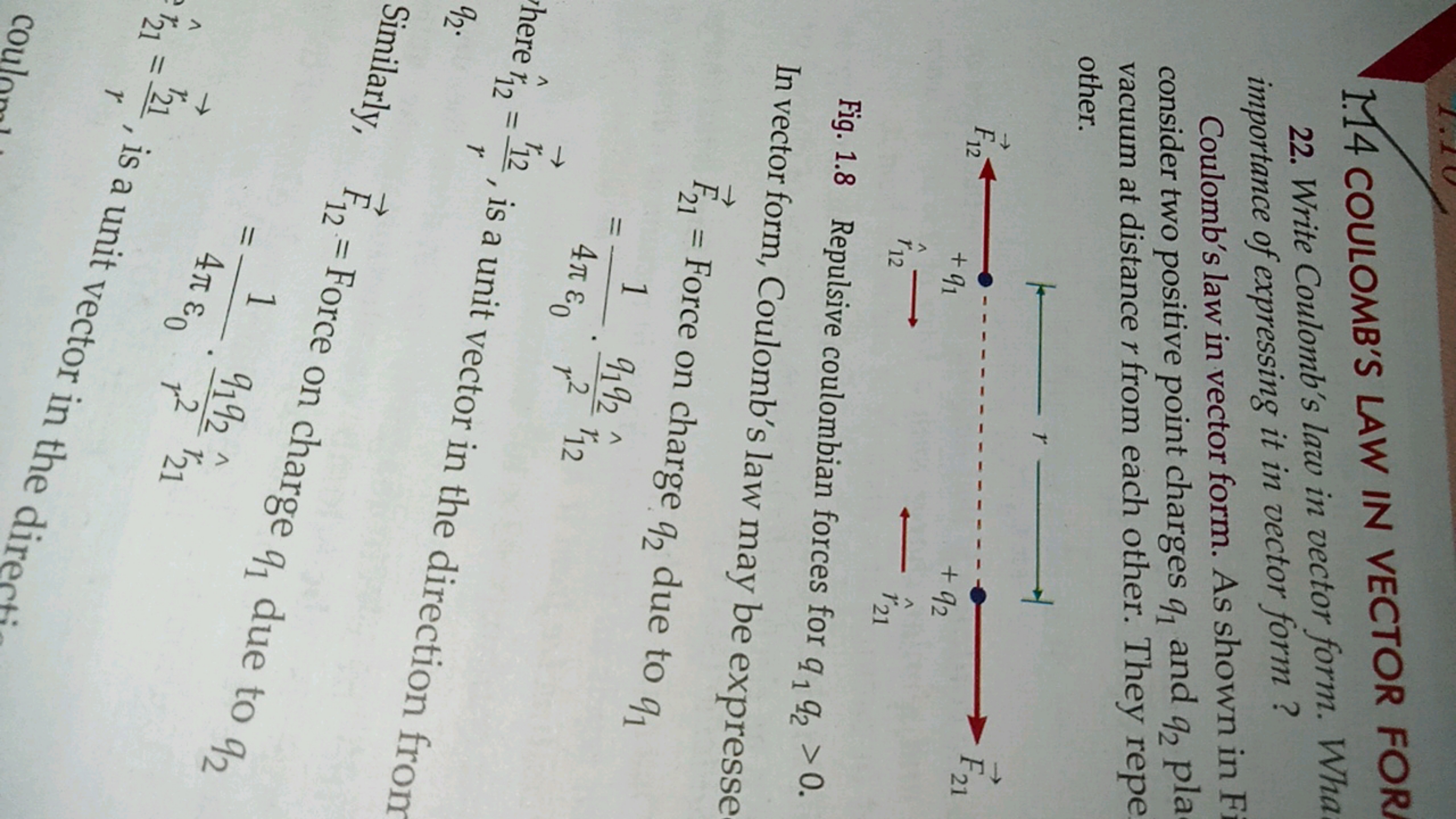 1.14 COULOMB'S LAW IN VECTOR FOR
22. Write Coulomb's law in vector for