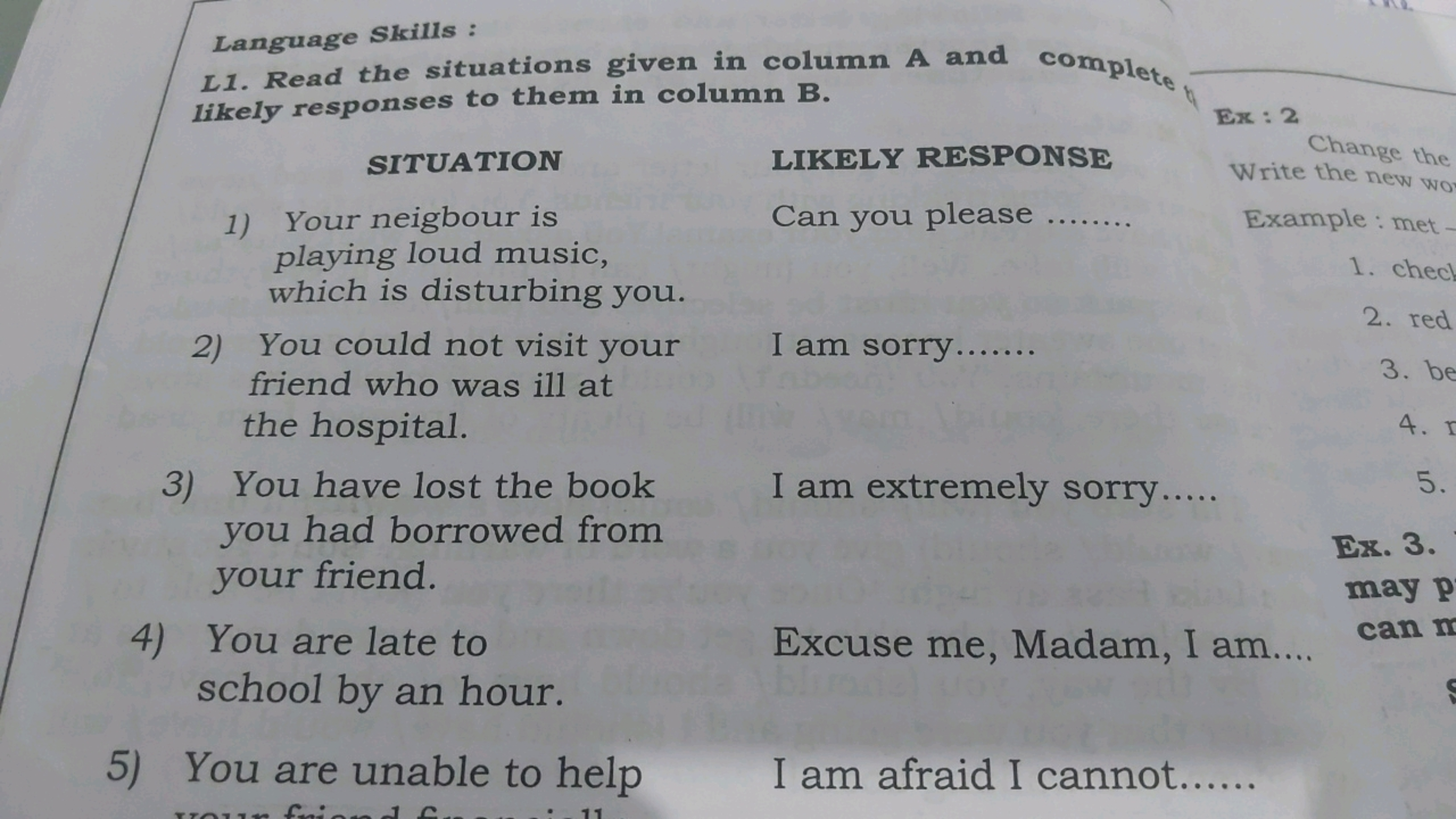 Language Skills :
L1. Read the situations given in column A and comple