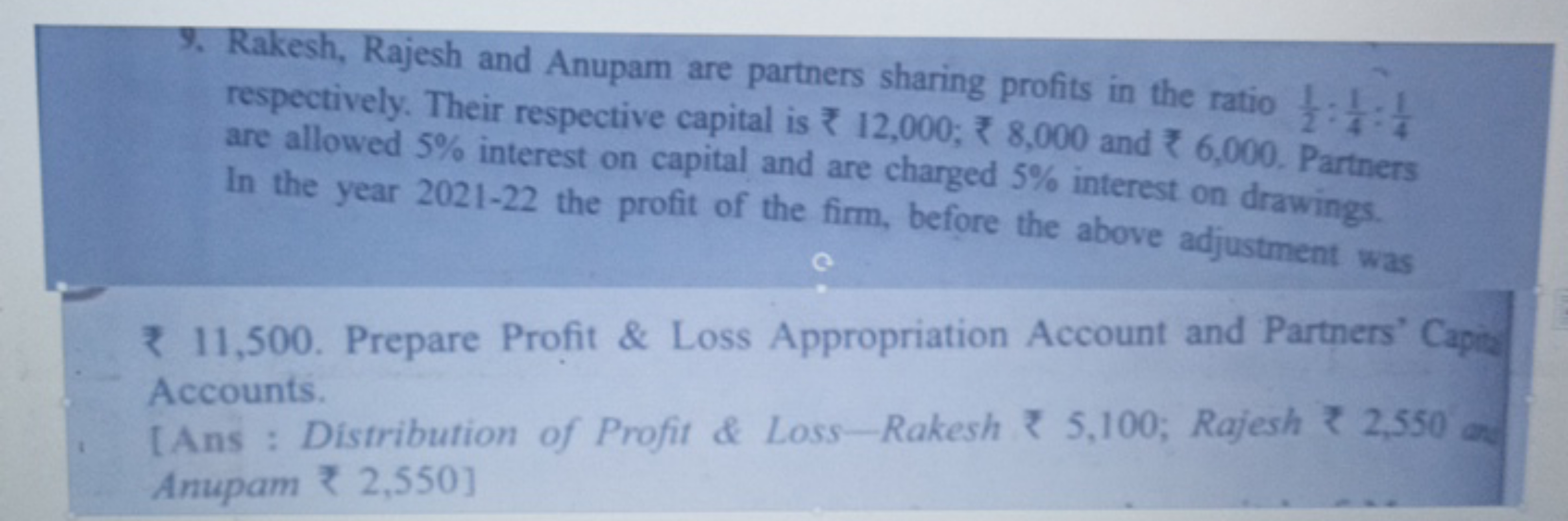 9. Rakesh, Rajesh and Anupam are partners sharing profits in the ratio