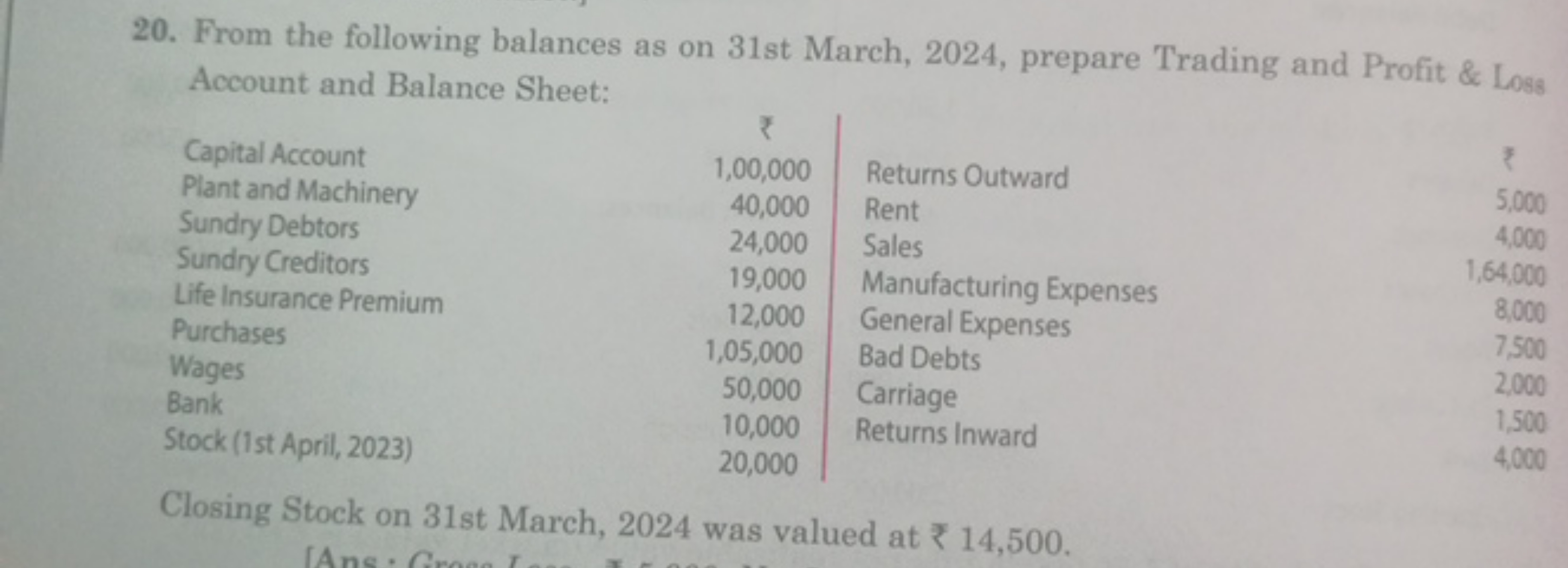 20. From the following balances as on 31st March, 2024, prepare Tradin