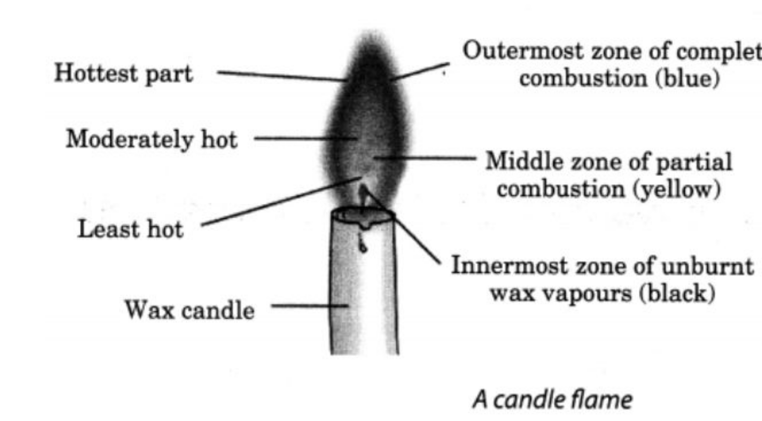 Hottest part
Moderately hot
Least hot
Wax candle
Outermost zone of com