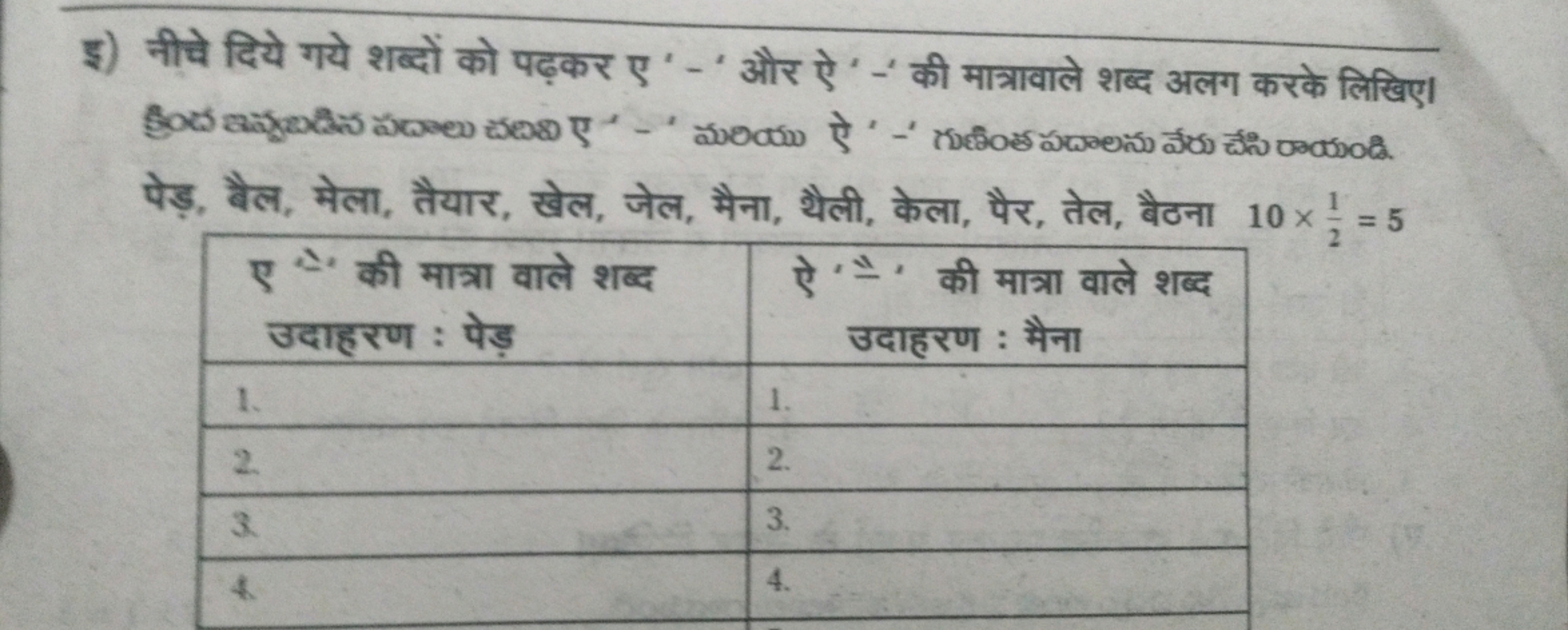 इ) नीचे दिये गये शब्दों को पढ़कर ए ' - और ऐ '-' की मात्रावाले शब्द अलग