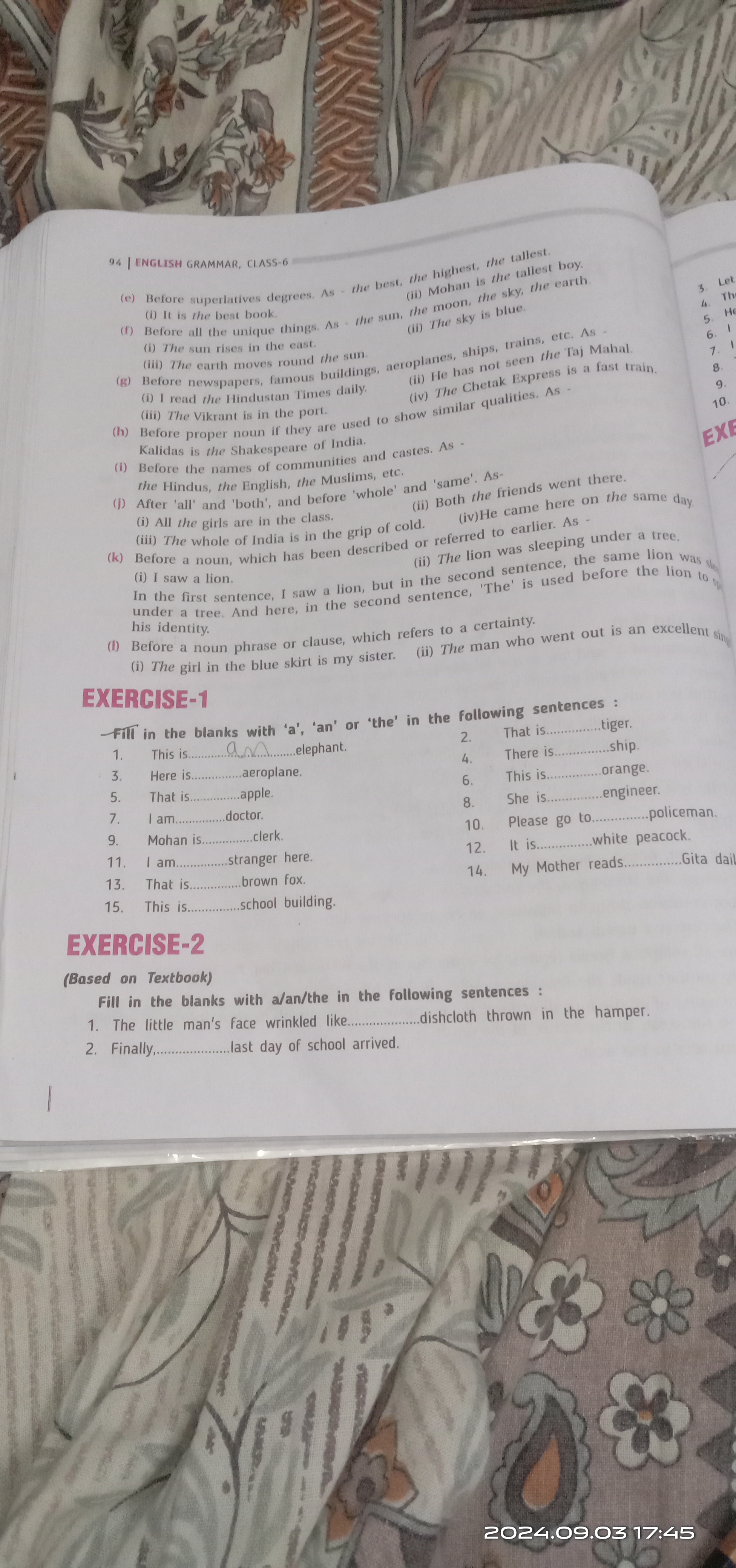 94 | ENGLISH GRAMMAR, CLASS-6
(e) Before superlatives degrees. As the 