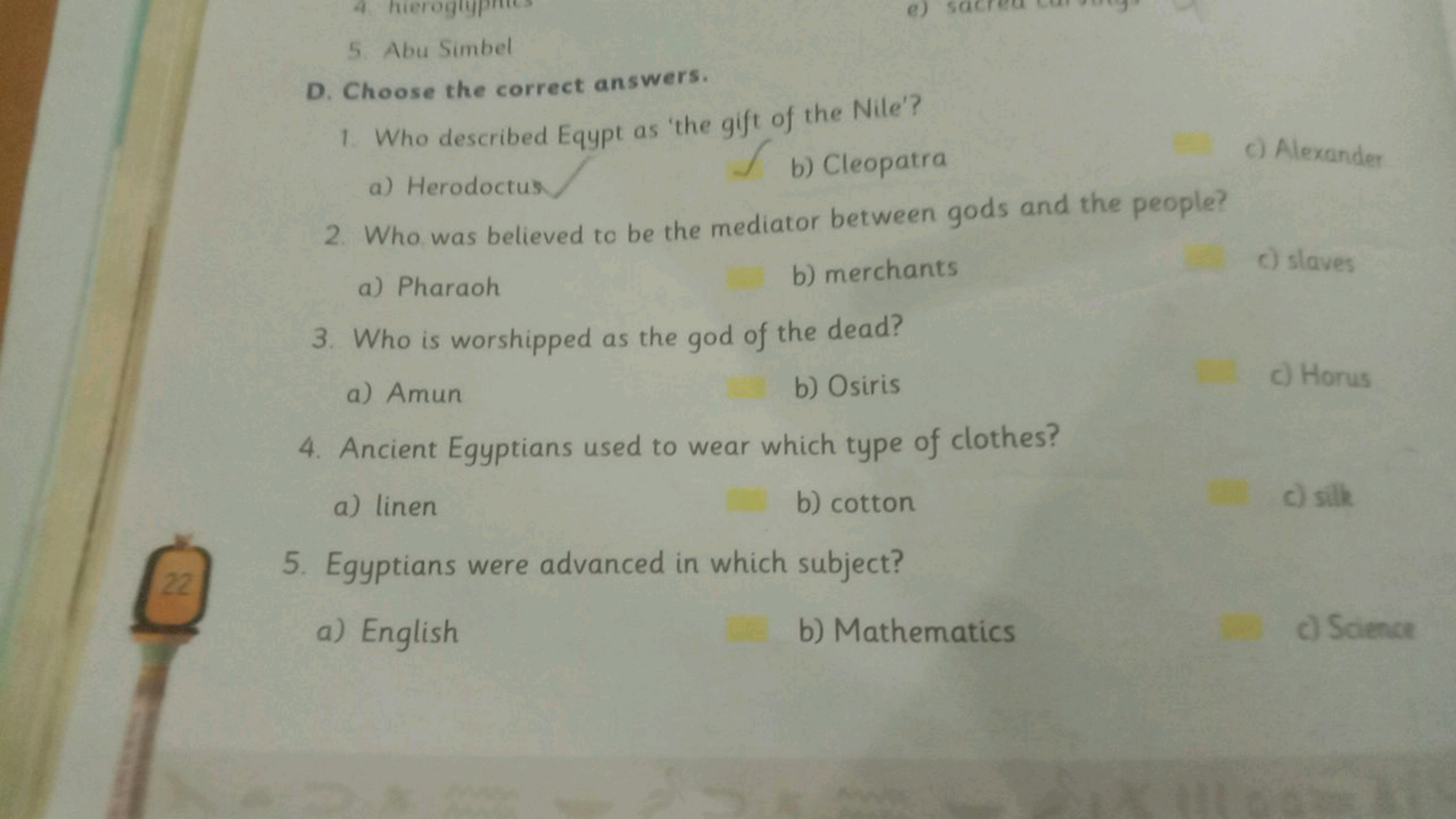 22
22
4 hierogly
5. Abu Simbel
D. Choose the correct answers.
e)
1. Wh