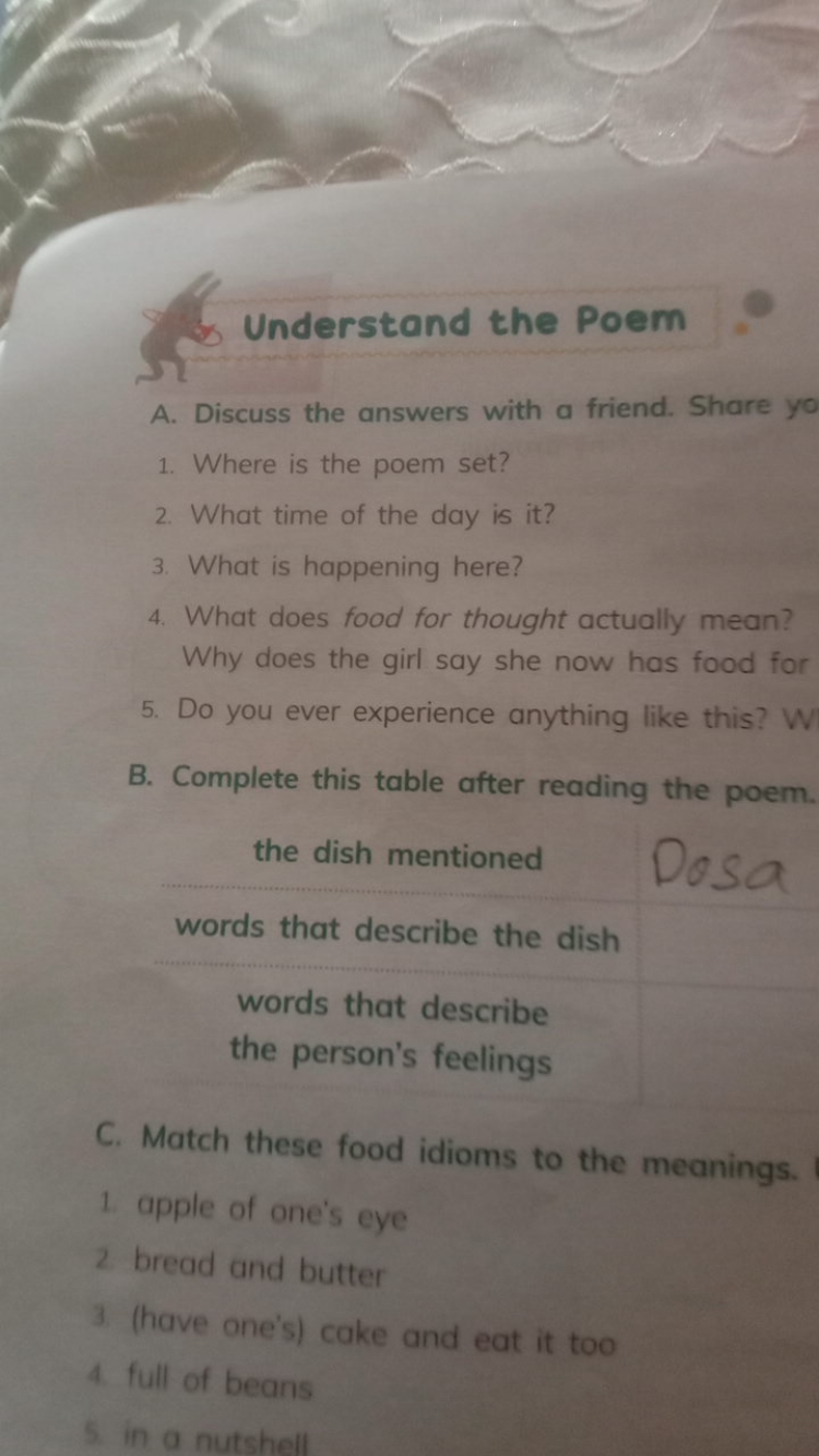 Understand the Poem
A. Discuss the answers with a friend. Share yo
1. 