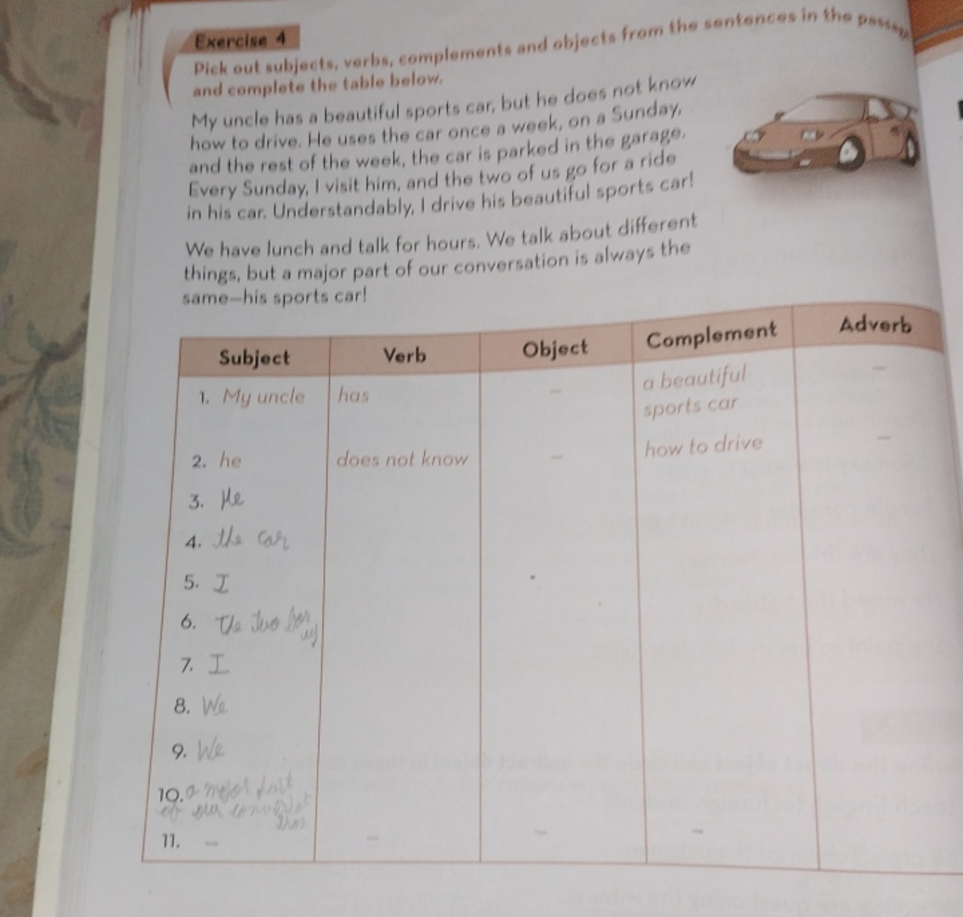 Pick out subjects, verbs, complements and objects from the sentences i