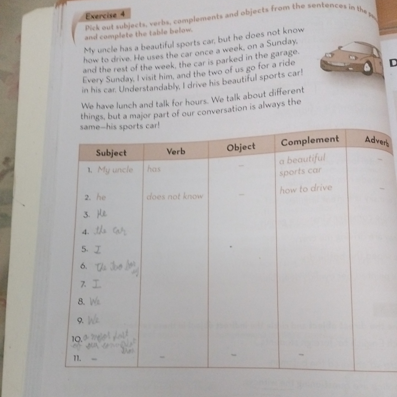 Pick out subjects, verbs, complements and objects from the sentences i